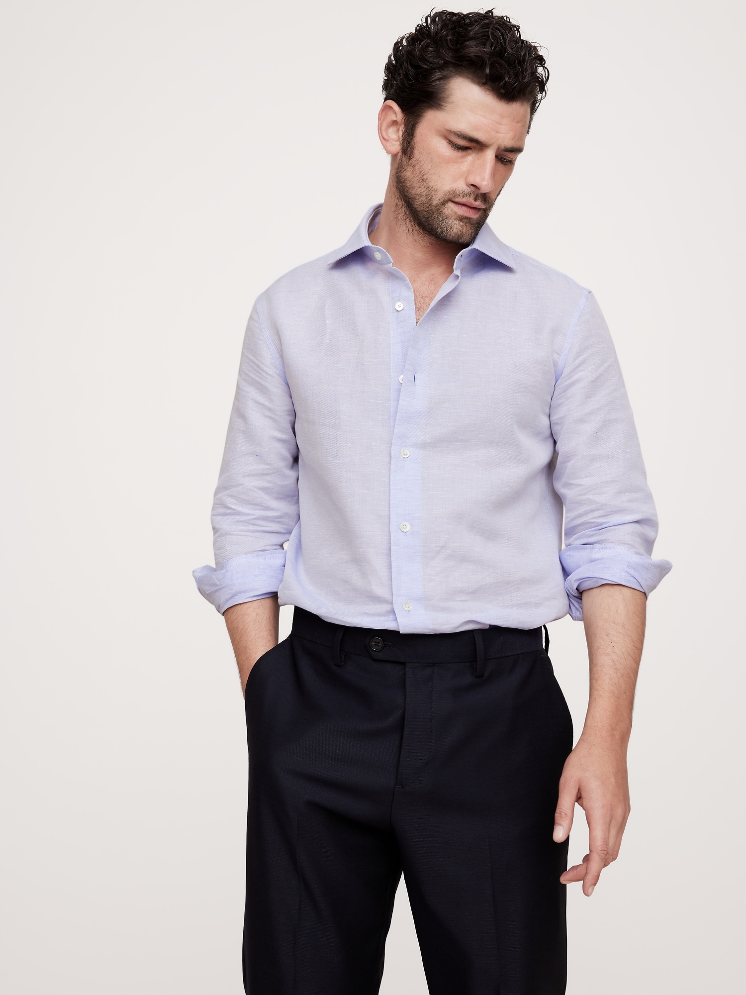 Slim-Fit Linen-Cotton Dress Shirt with Cutaway Collar