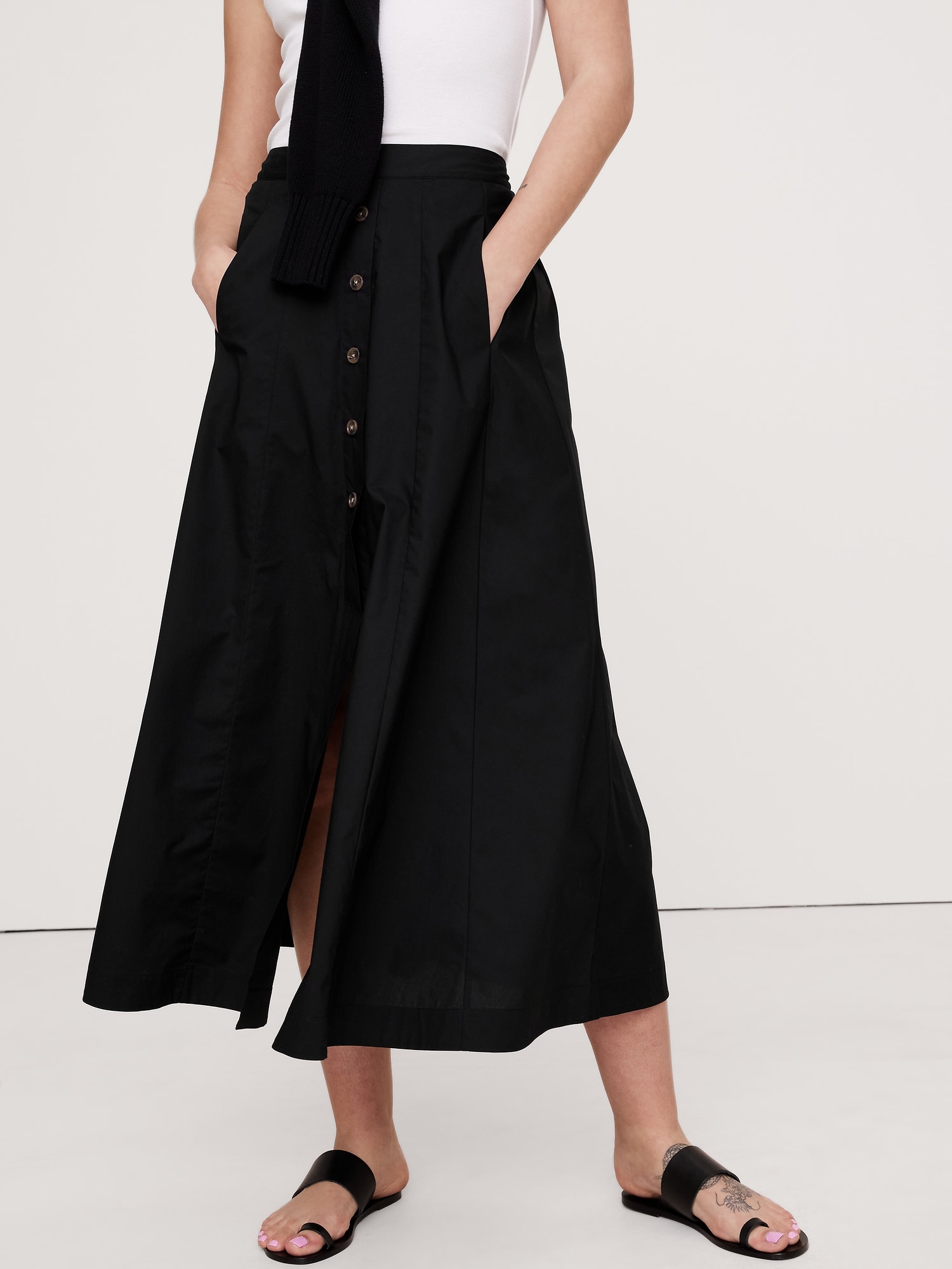 Poplin Button-Down Long Midi Skirt