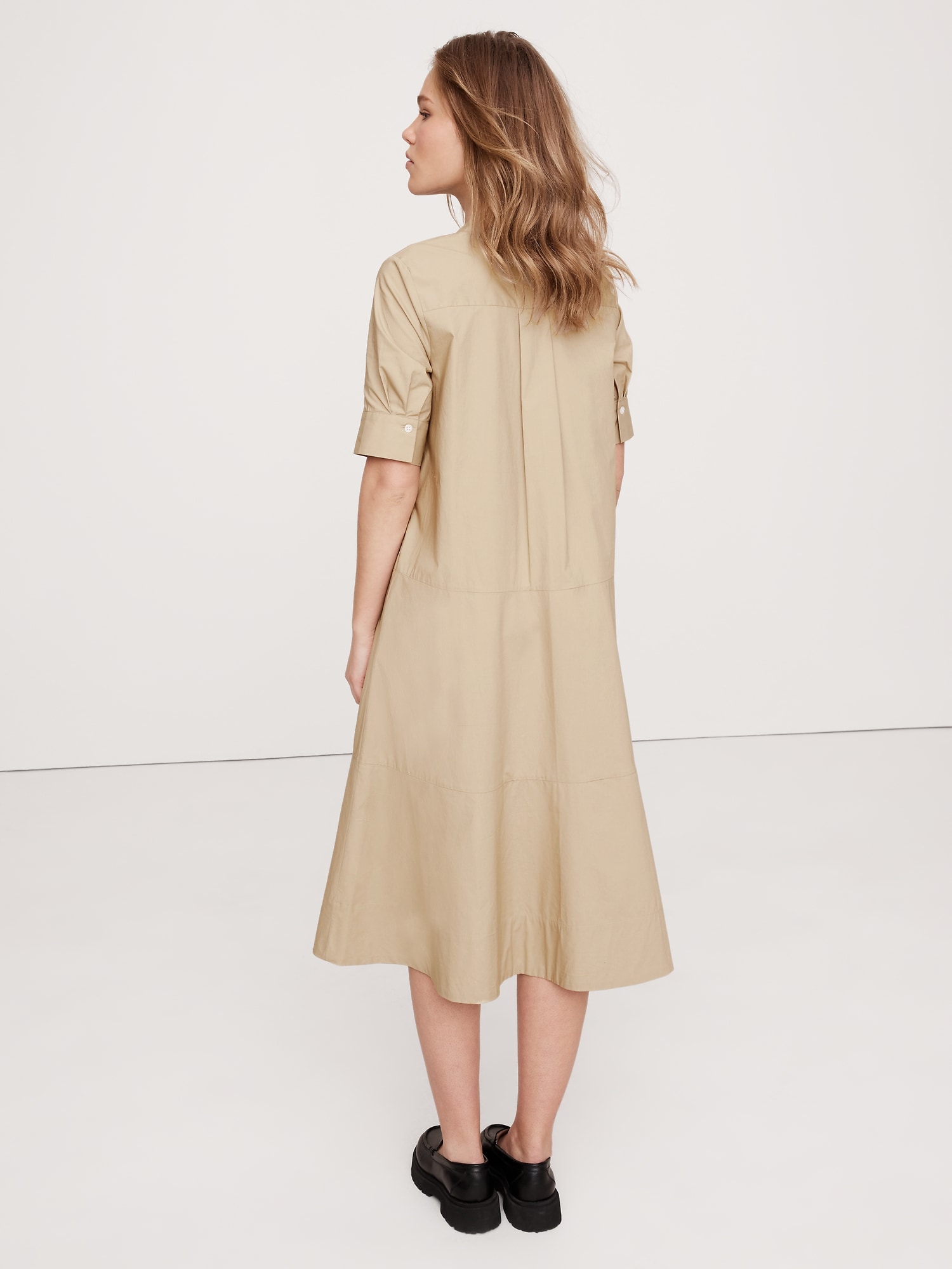 Poplin Tuxedo-Front Midi Dress