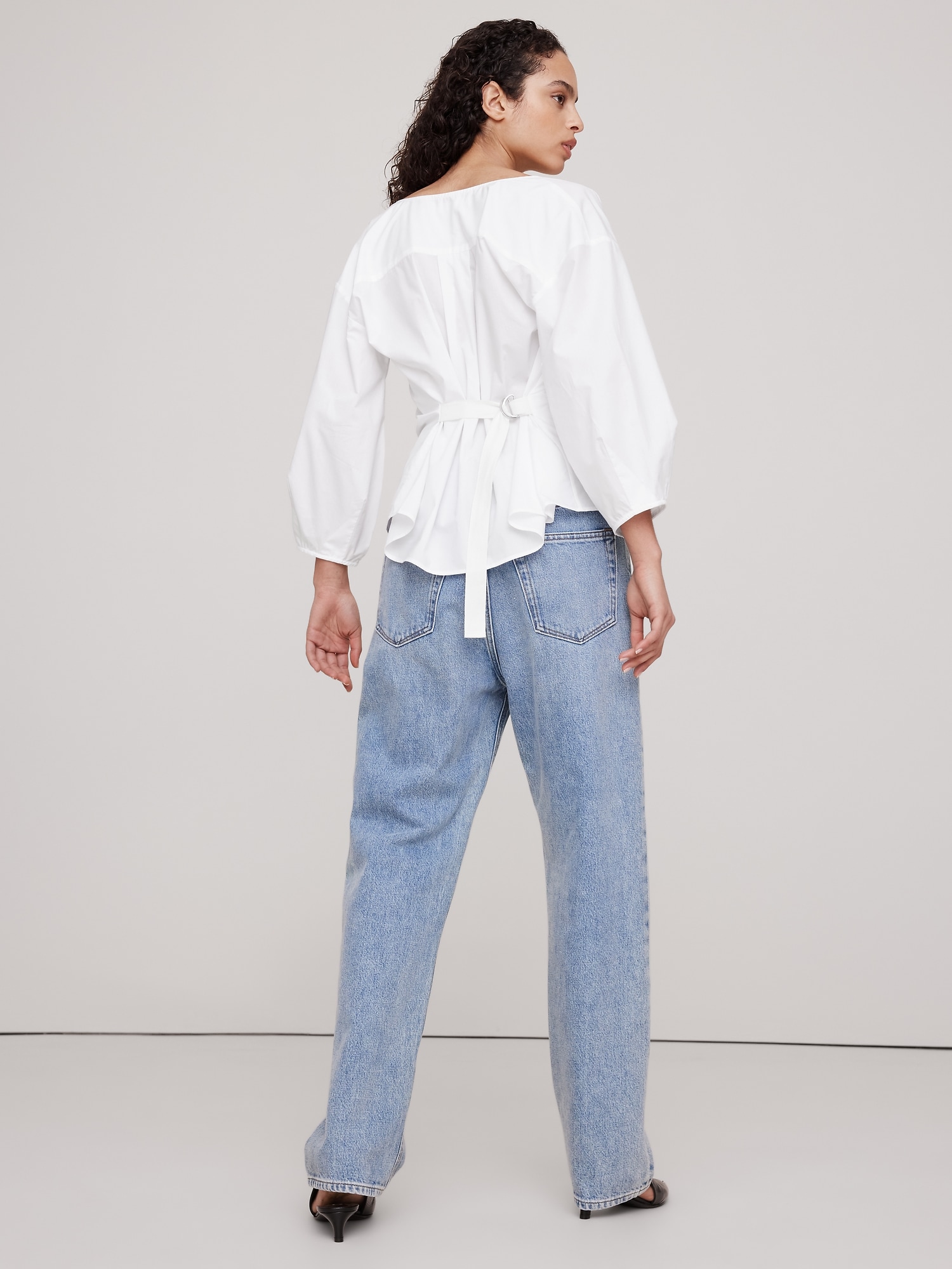 Poplin Cowl-Neck Tie-Waist Top