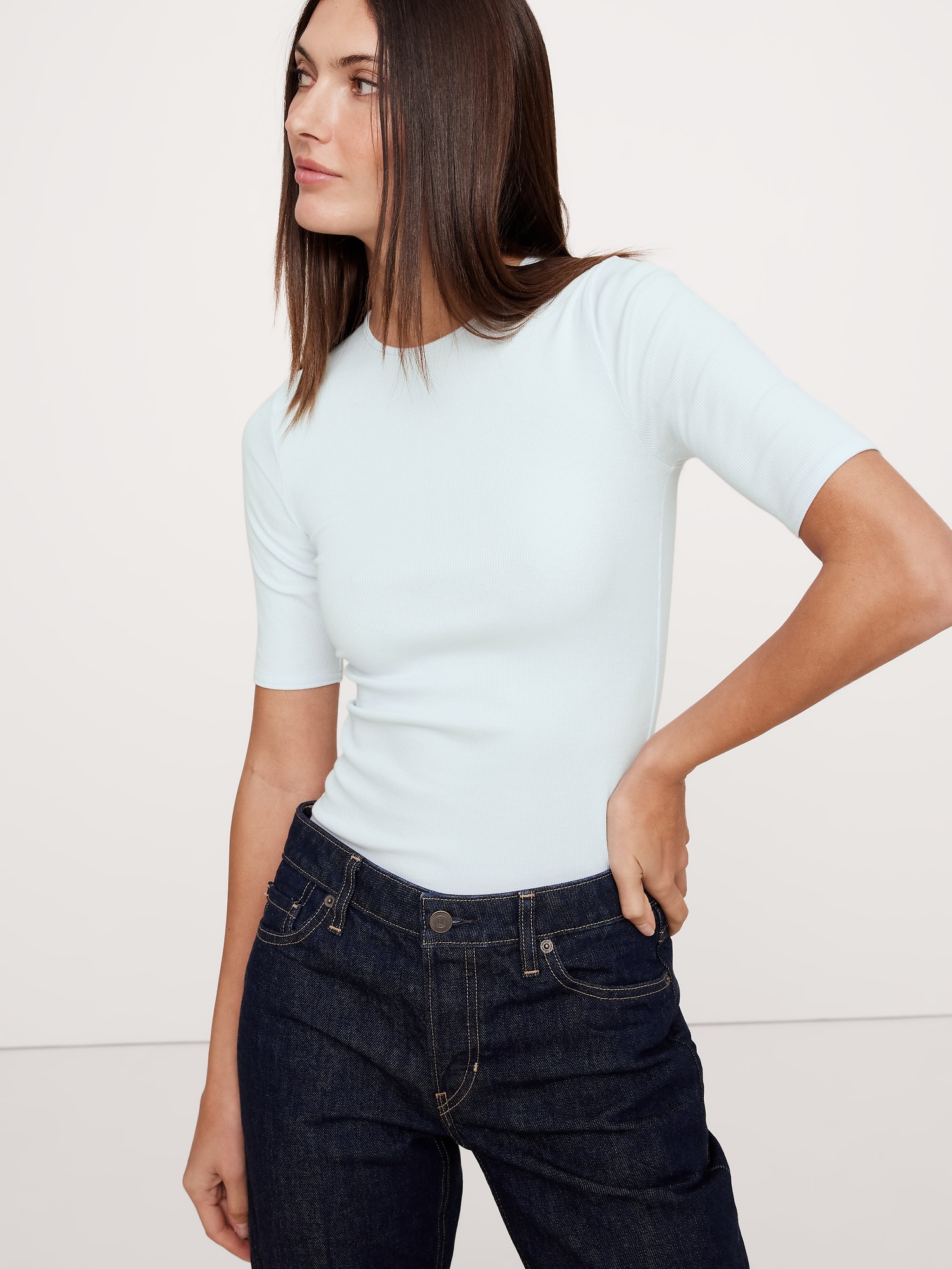 Ribbed Elbow-Sleeve T-Shirt