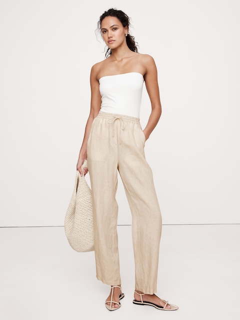 PANTALON À TAILLE EXTENSIBLE EN LIN LONGUEUR CHEVILLE