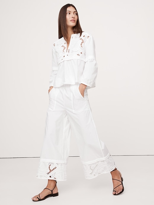High-Rise Wide-Leg Embroidered Cotton Poplin Cropped Pull-On Pant