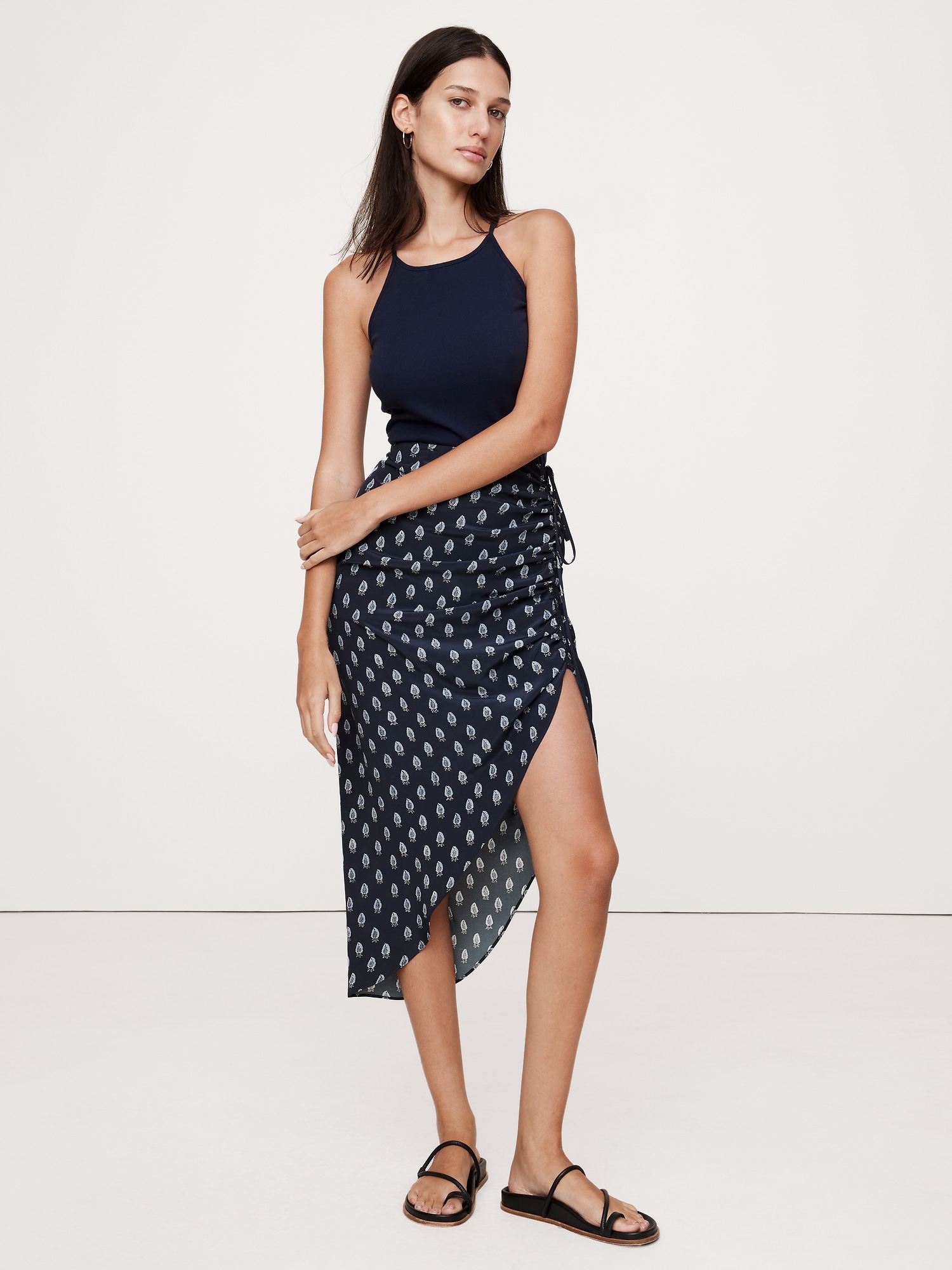 Matte Silk Side-Ruche Skirt