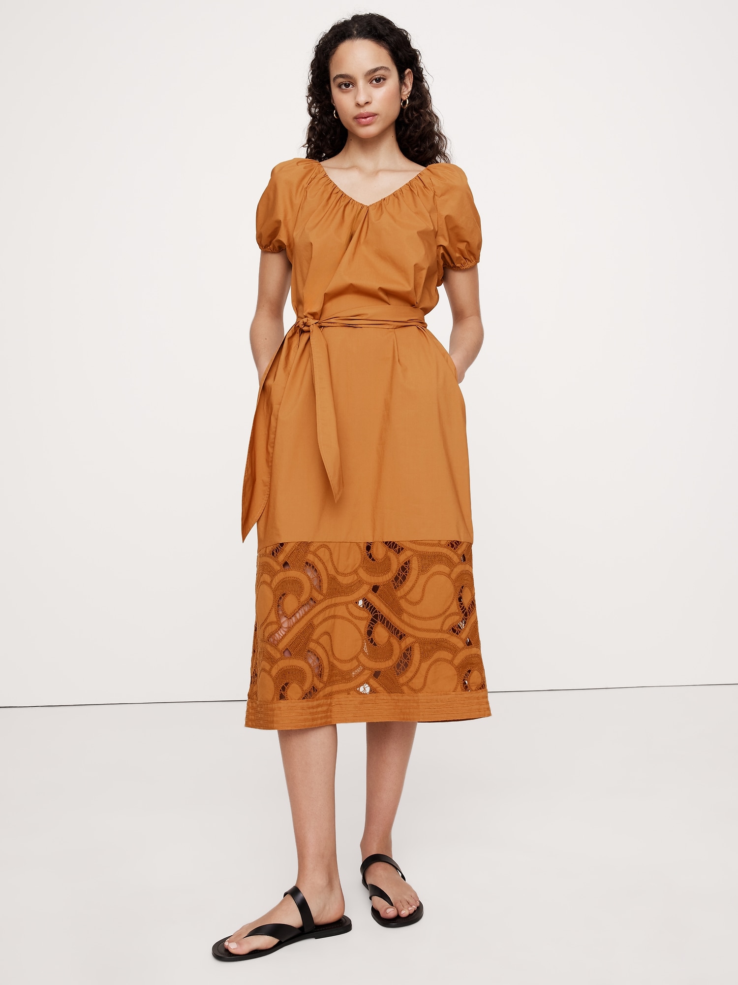 Embroidered Cotton Poplin Ruched Dress