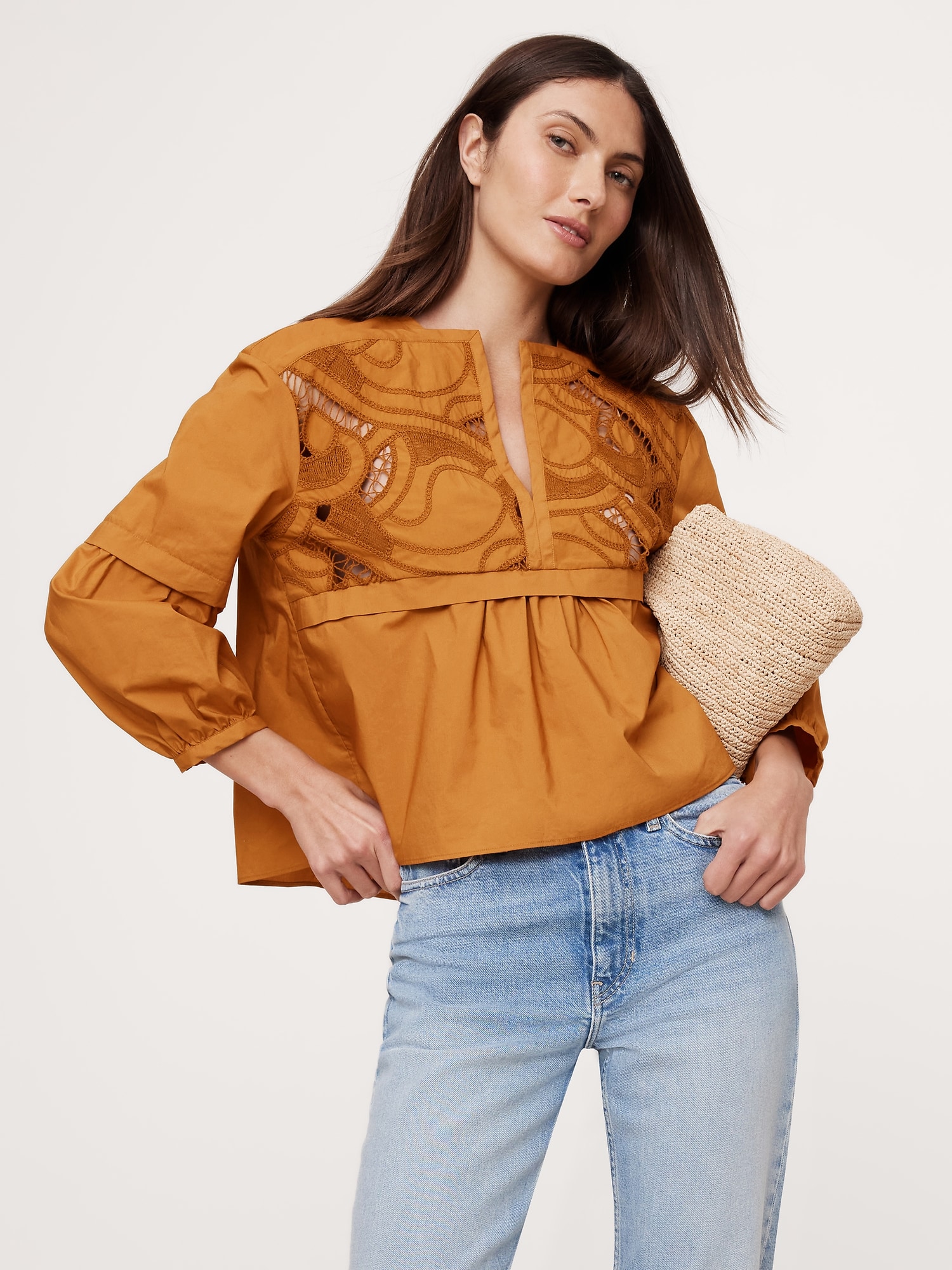 Embroidered Cotton Poplin Popover Top