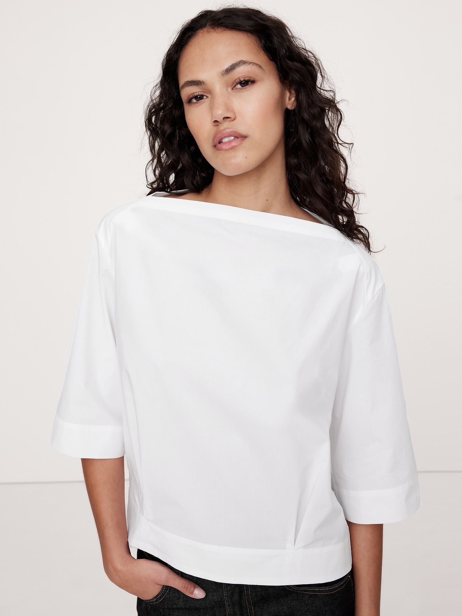 Oversized Cotton Poplin Boat-Neck Top