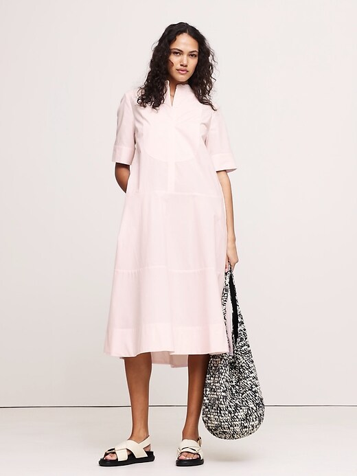 cotton poplin tuxedo-front midi dress Banana Republic Cotton Poplin Tuxedo-Front Midi Dress In Red Stripe - 30% Off