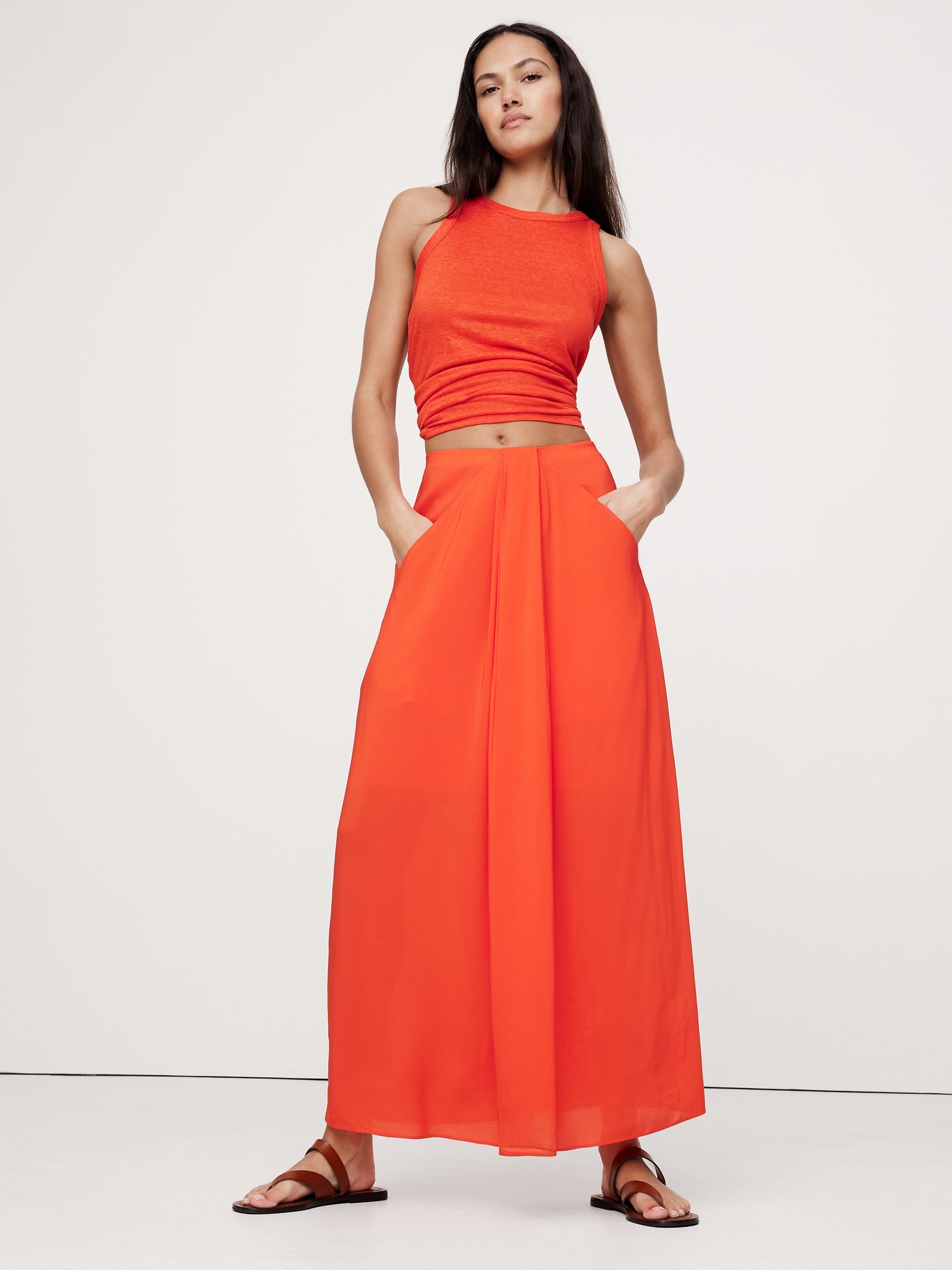 Stretch-Crepe Drape Front Maxi Skirt