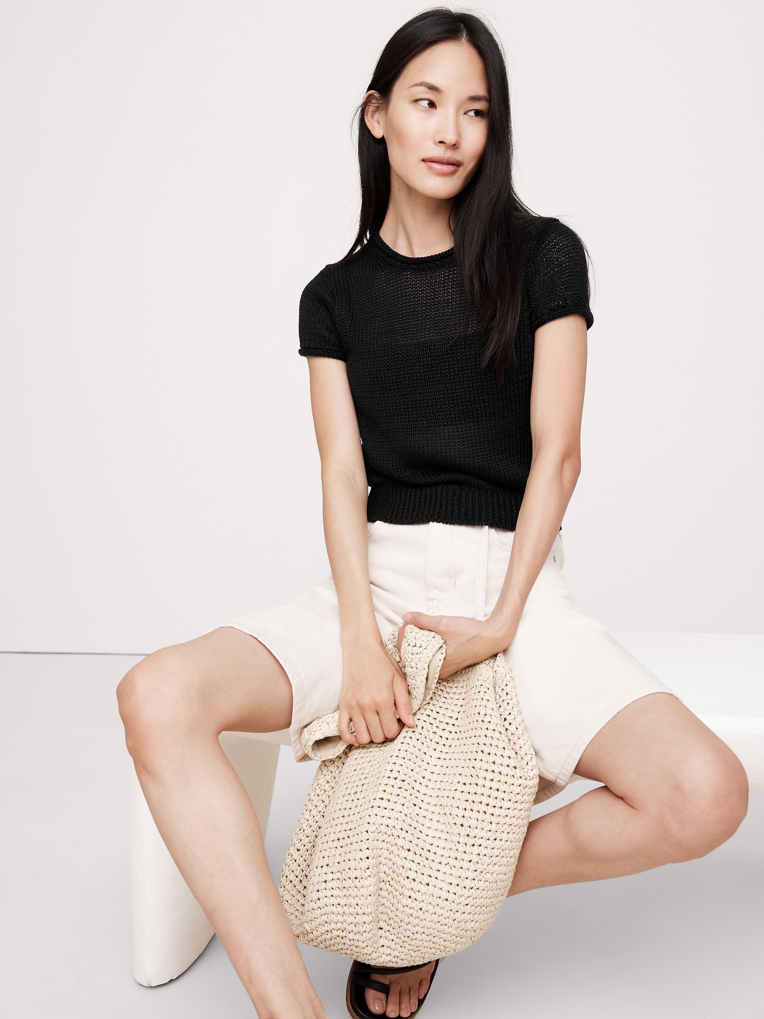 Fitted Linen Short-Sleeve Sweater