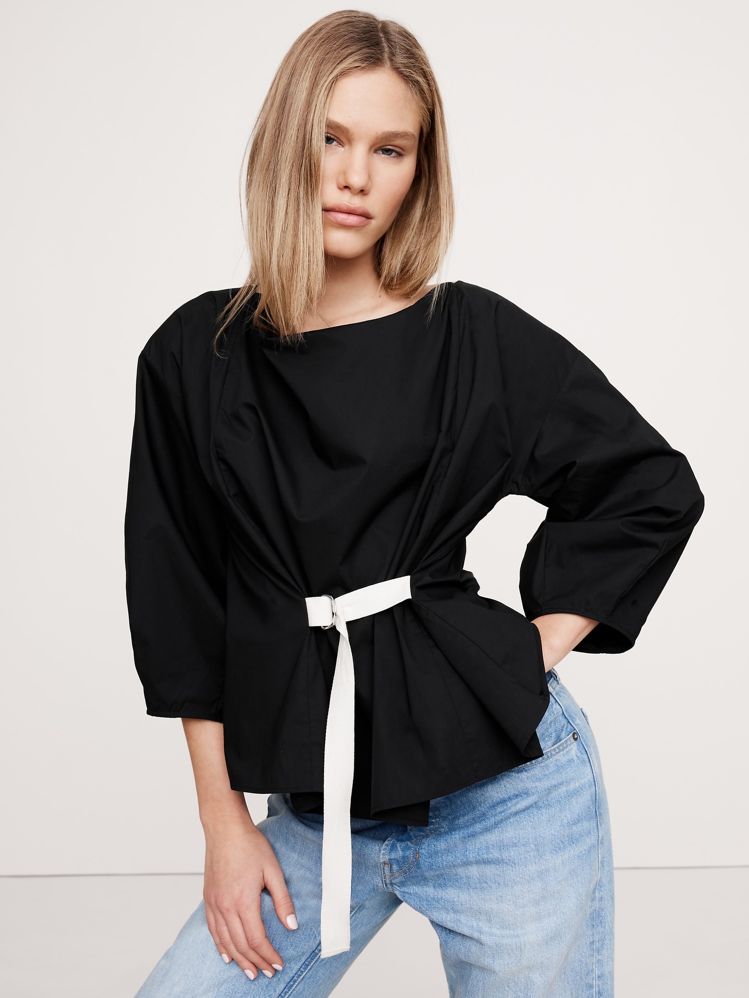 Reversible Poplin Cowl-Neck Tie-Waist Top