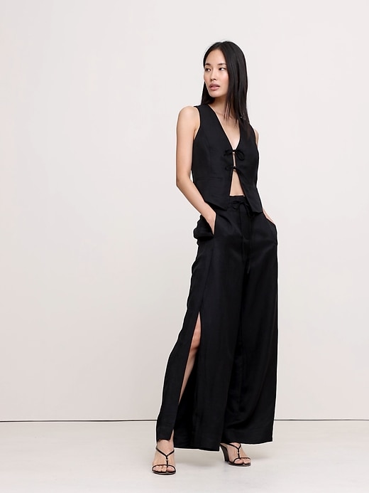 【Anyone more】Nere Rivet Side Slit Wide Cotton Pants Ultra High-Rise Wide-Leg Viscose-Linen Pant with Side Slits
