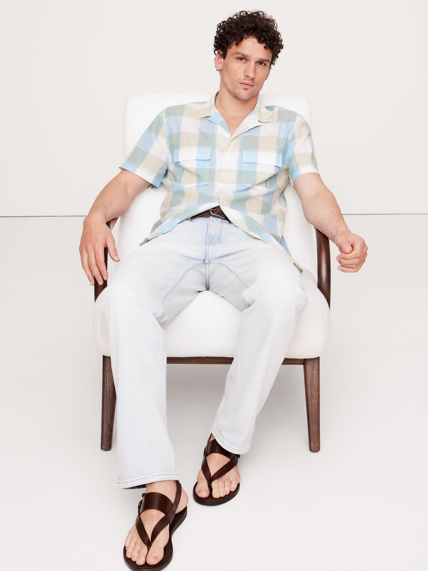 Standard-Fit Lightweight Cotton Resort Shirt - Blue Plaid