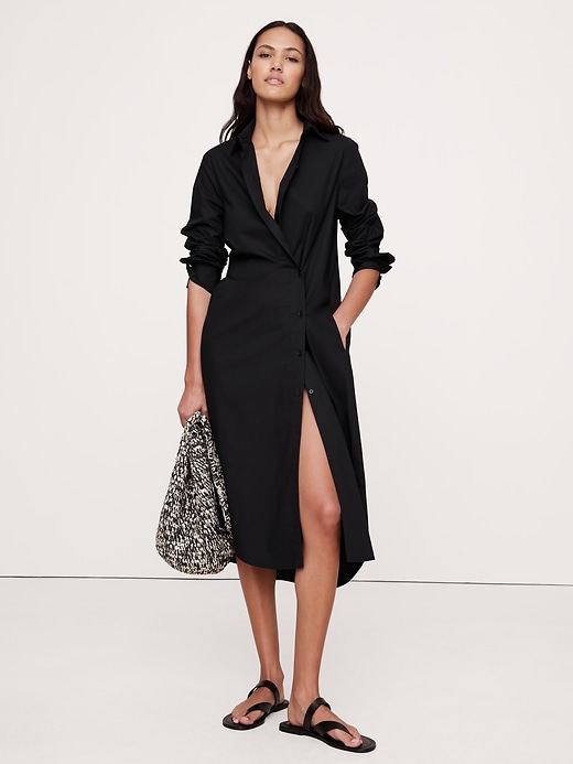 cotton poplin asymmetrical shirt dress Size:XL/14-16 The MIKAILA Asymmetric Shirt Dark Green Formal Dresses group_size:petite:petite-three-quarter-sleeve-a-line-dress-l14174p-black