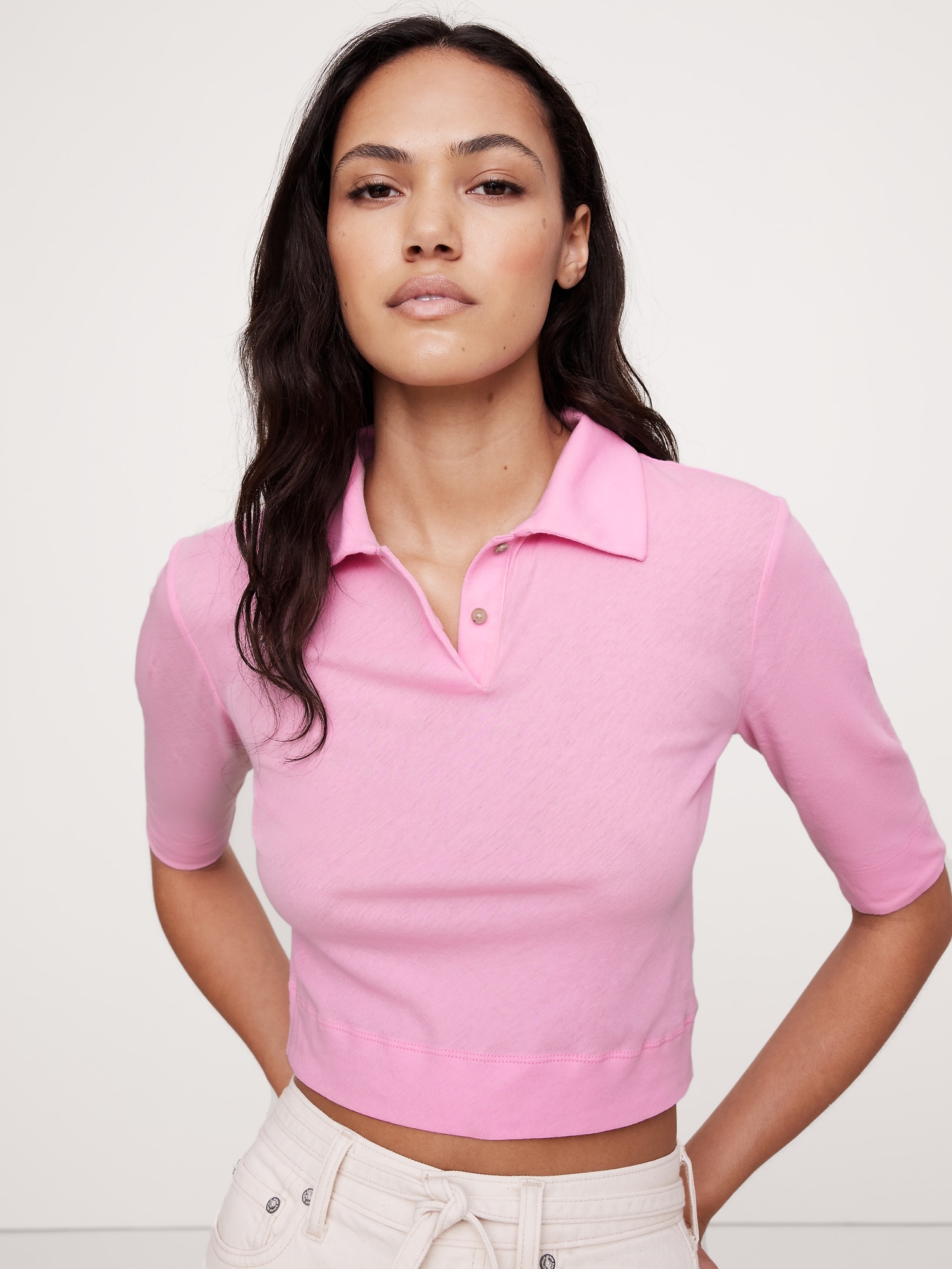 Airy Cotton Crepe Cropped Polo