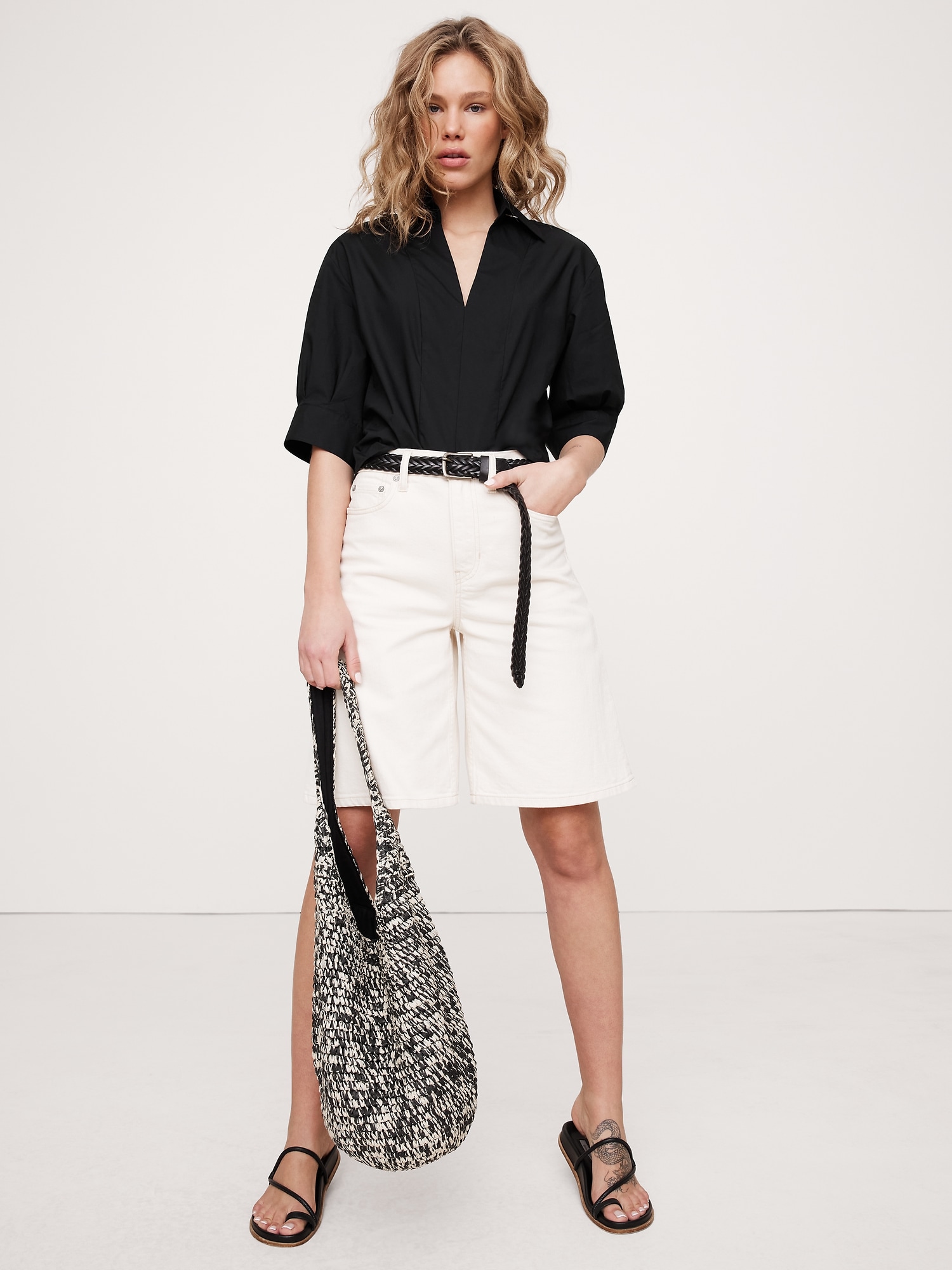 Balloon-Sleeve Cotton Poplin Popover Top