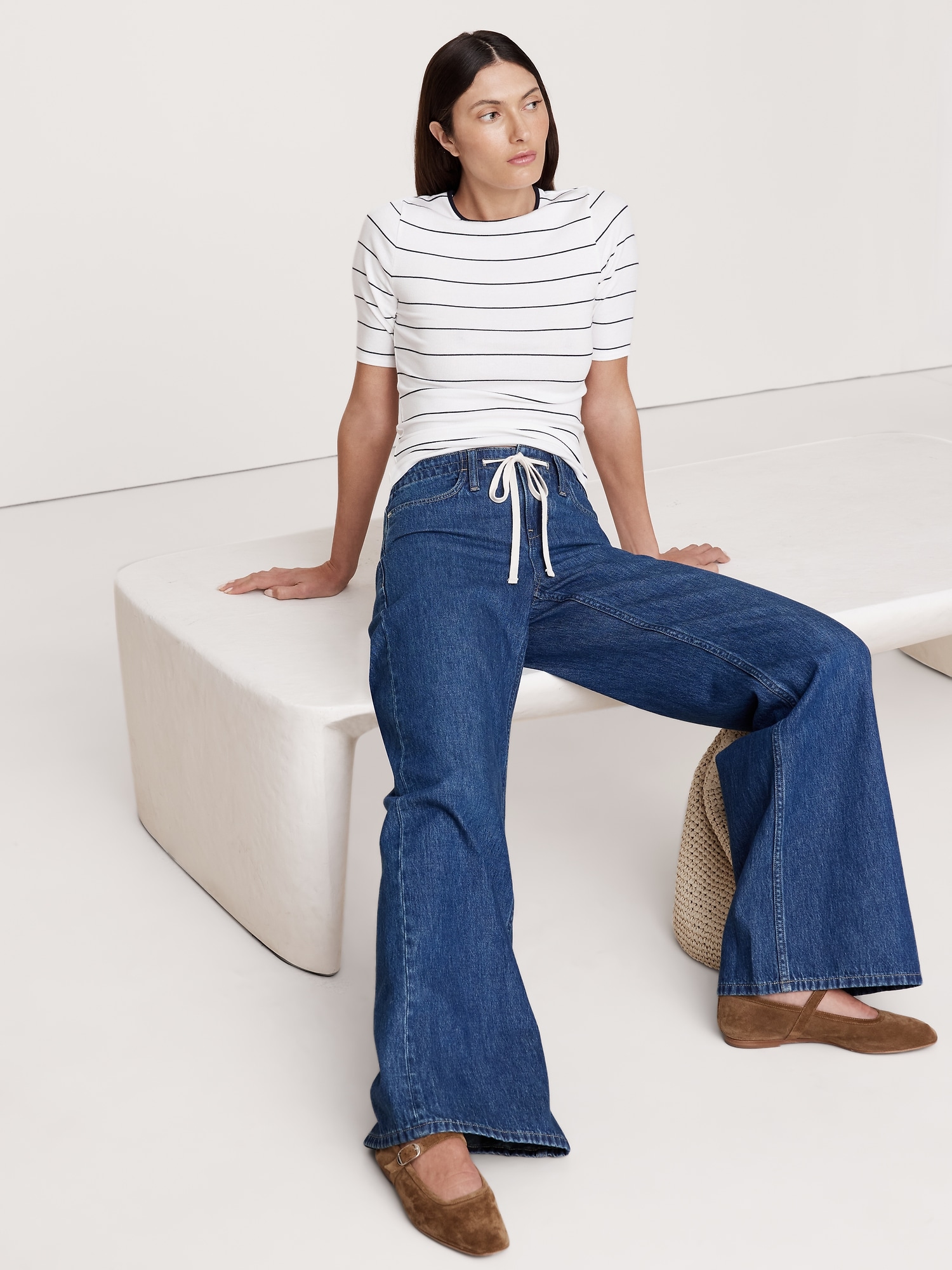 Ribbed Elbow-Sleeve T-Shirt