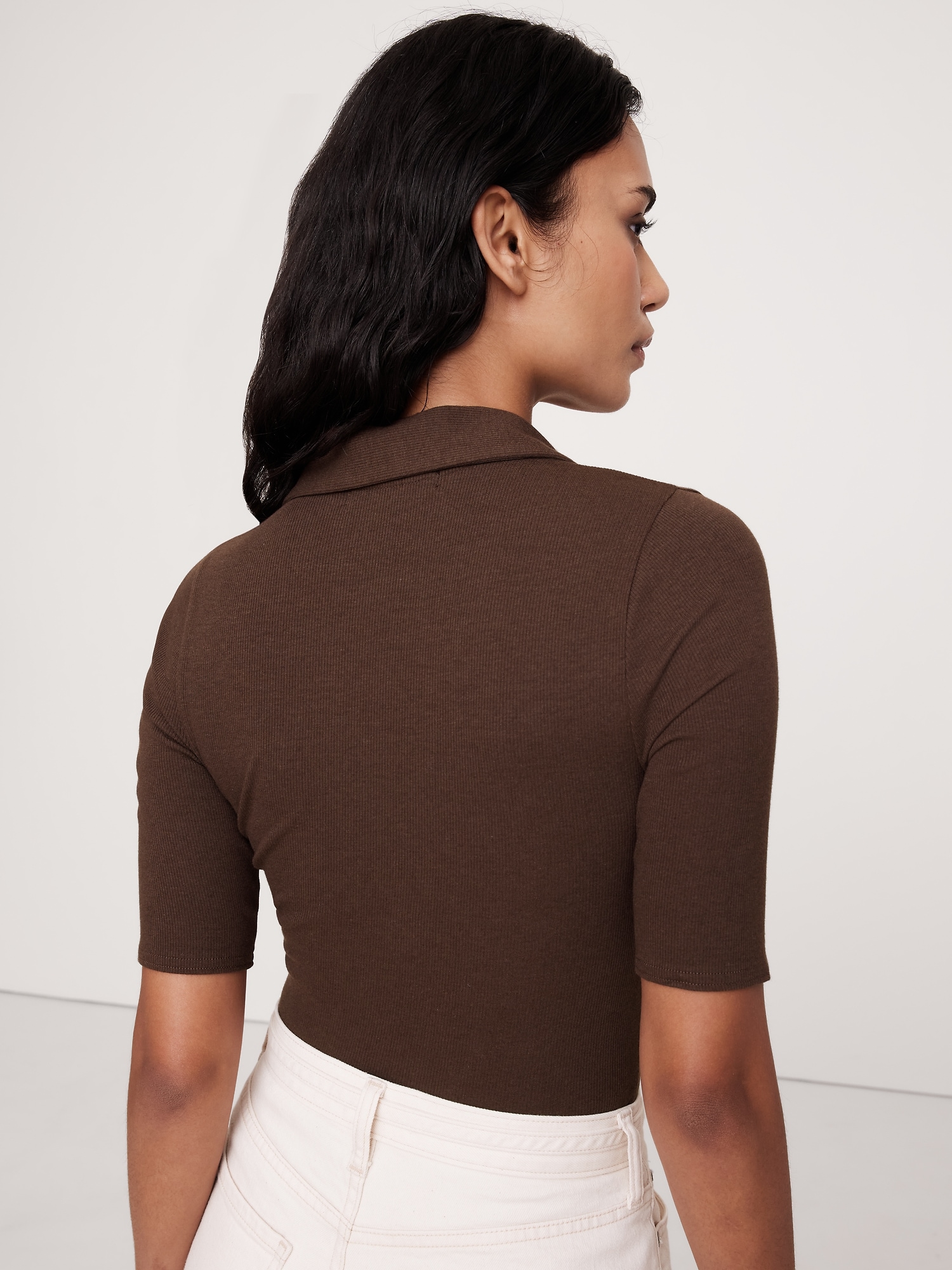Ribbed Elbow-Sleeve Polo