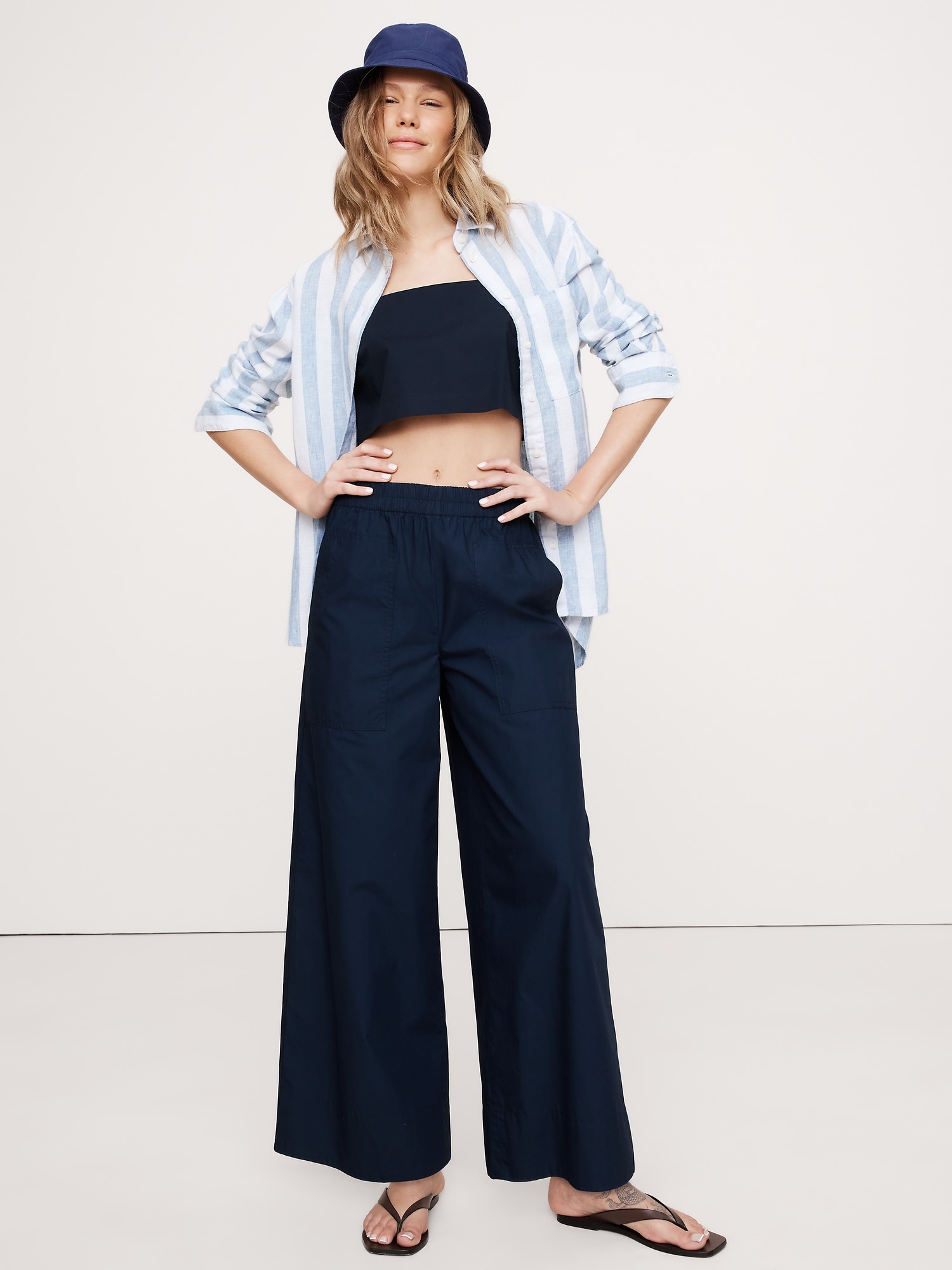 Endless Summer Wide-Leg Pull-On Cotton Poplin Ankle Pant