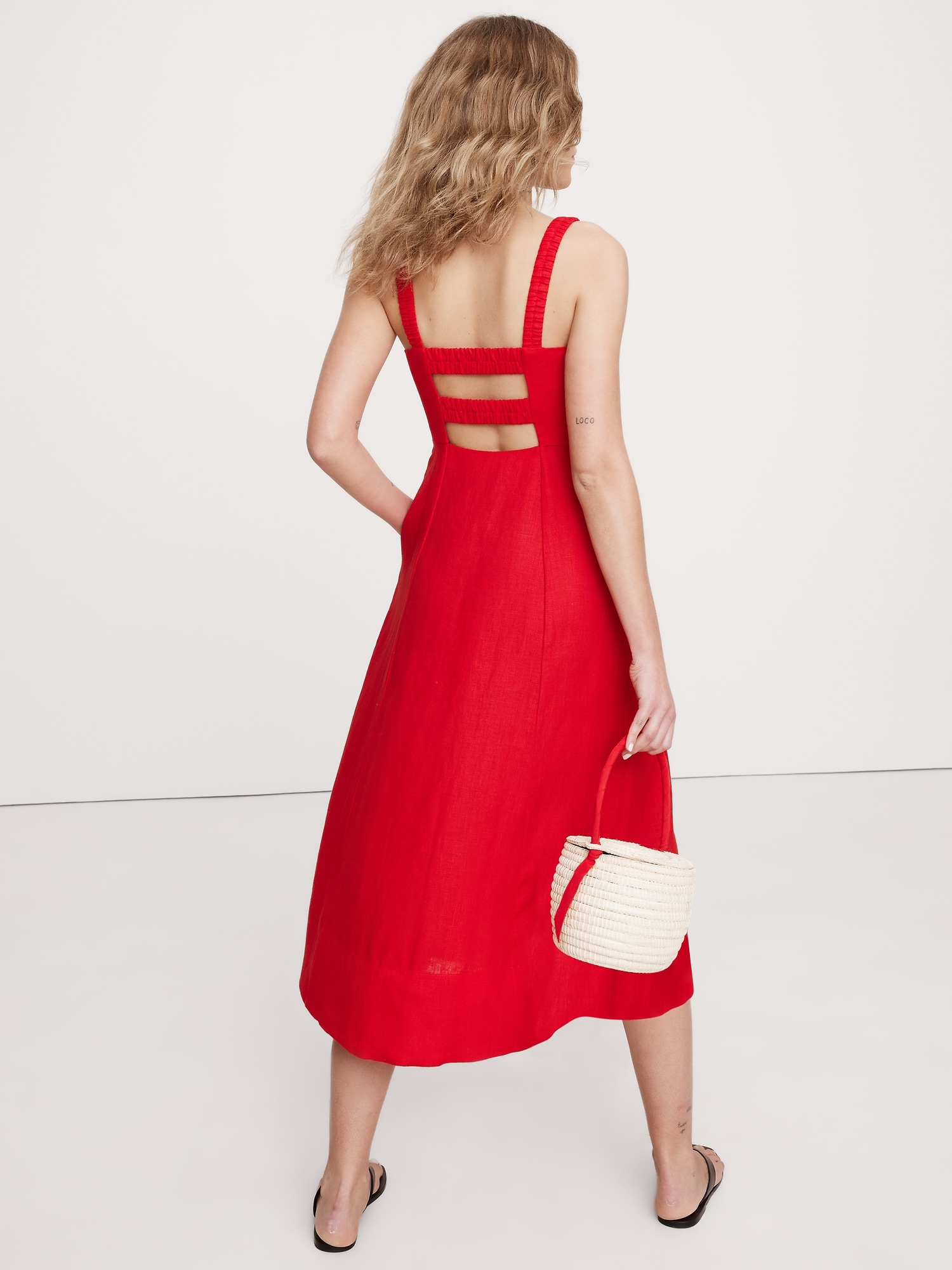 Linen Square-Neck Midi Dress