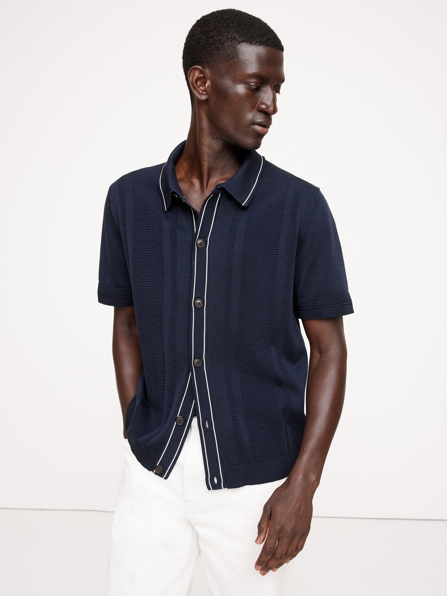 Ribbed-Stripe Cotton Resort Shirt