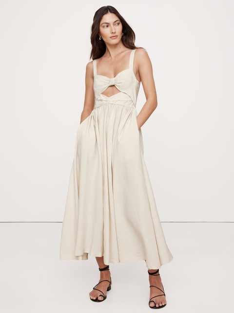ROBE LONGUE EN DOUPPIONI DE VISCOSE ET LIN ORNÉE D'UNE BOUCLE SUR LE DEVANT - Blanc