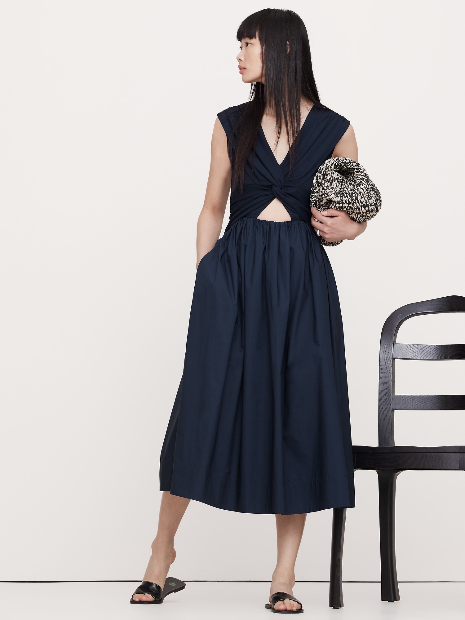 Mixed-Media Cut-Out Midi Dress