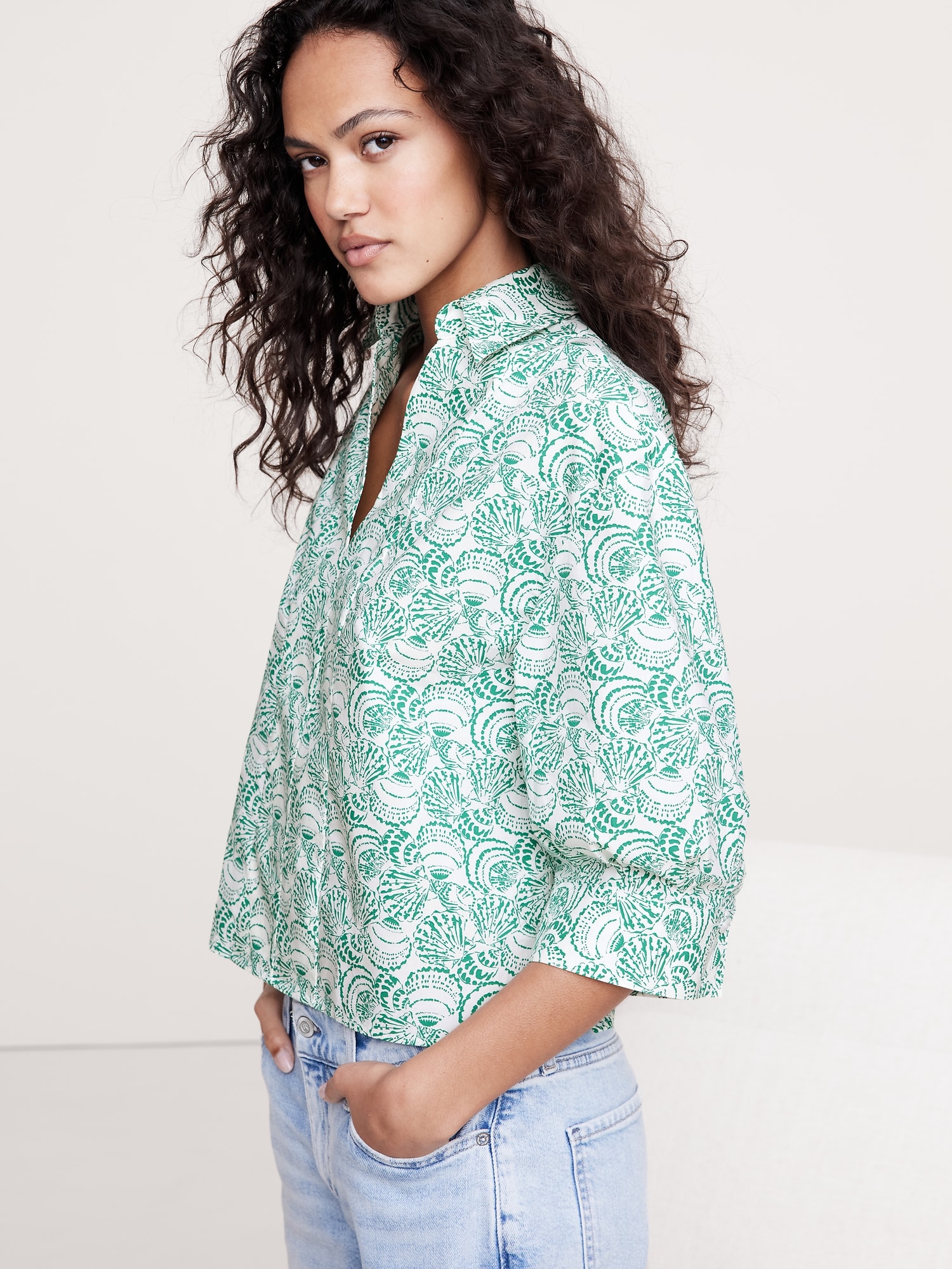 Balloon-Sleeve Cotton Poplin Popover Top