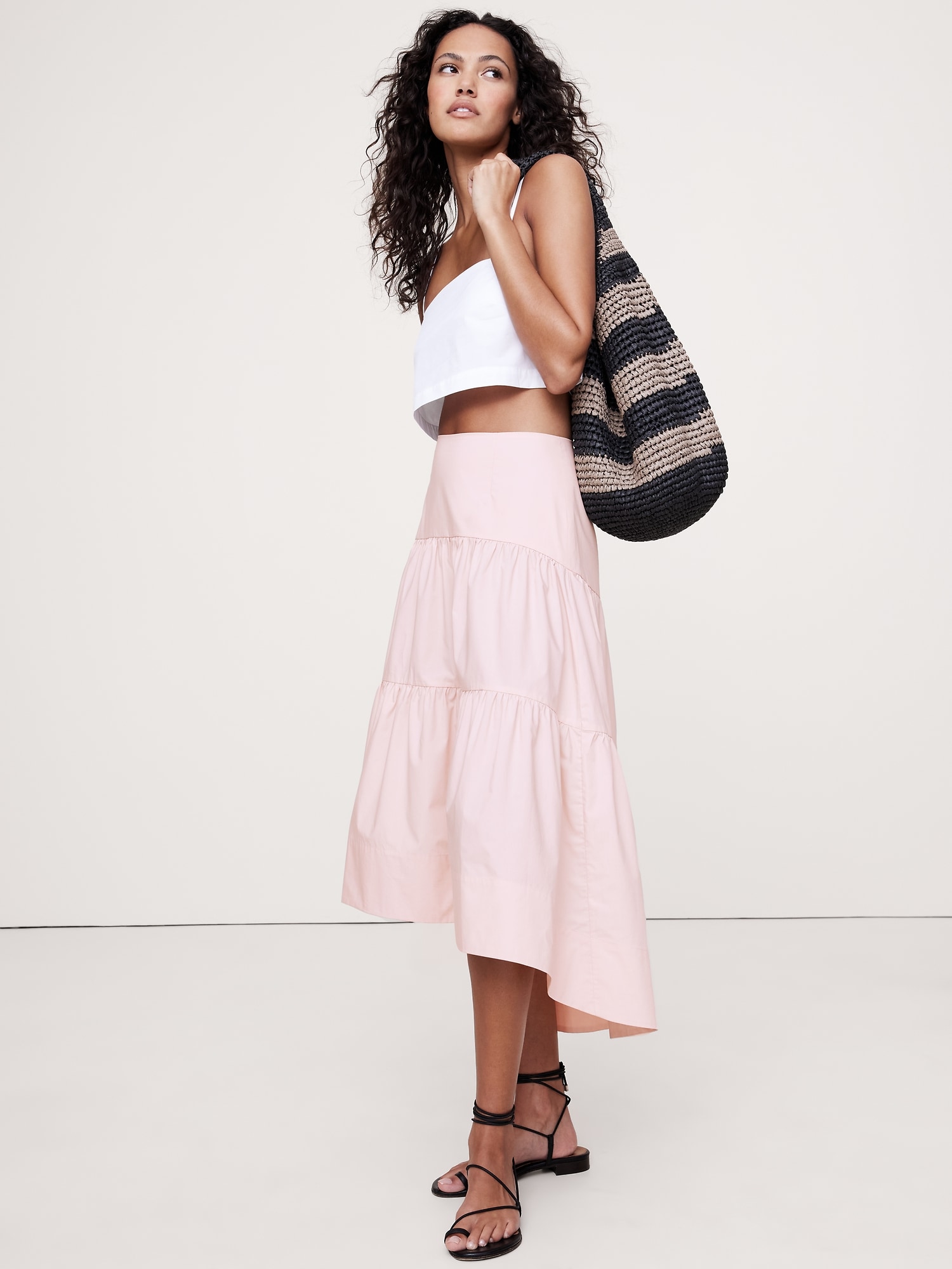 Cotton Poplin Drop-Waist Tiered Skirt - Pink