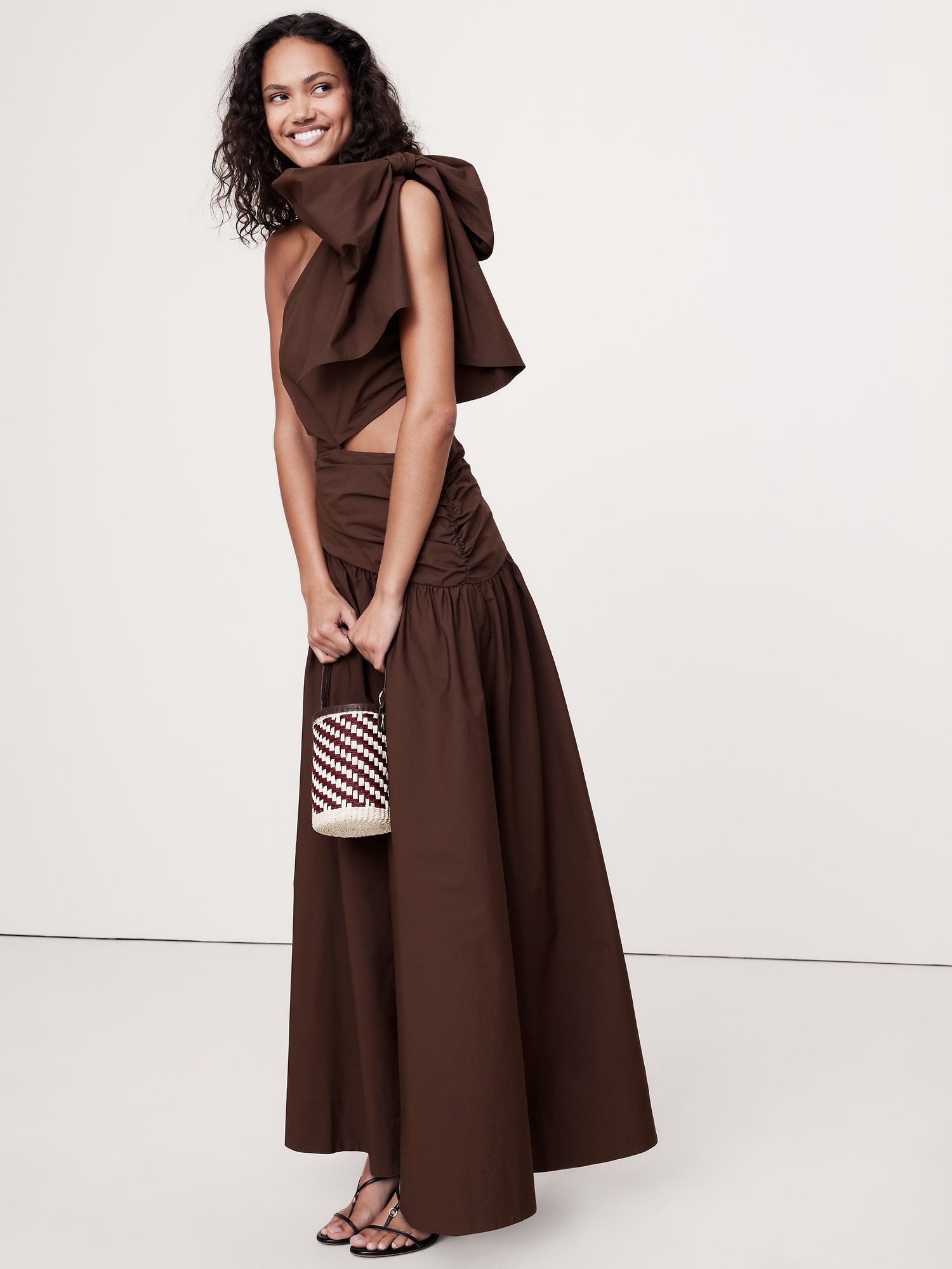 Stretch-Cotton Poplin One-Shoulder Drop-Waist Maxi Dress