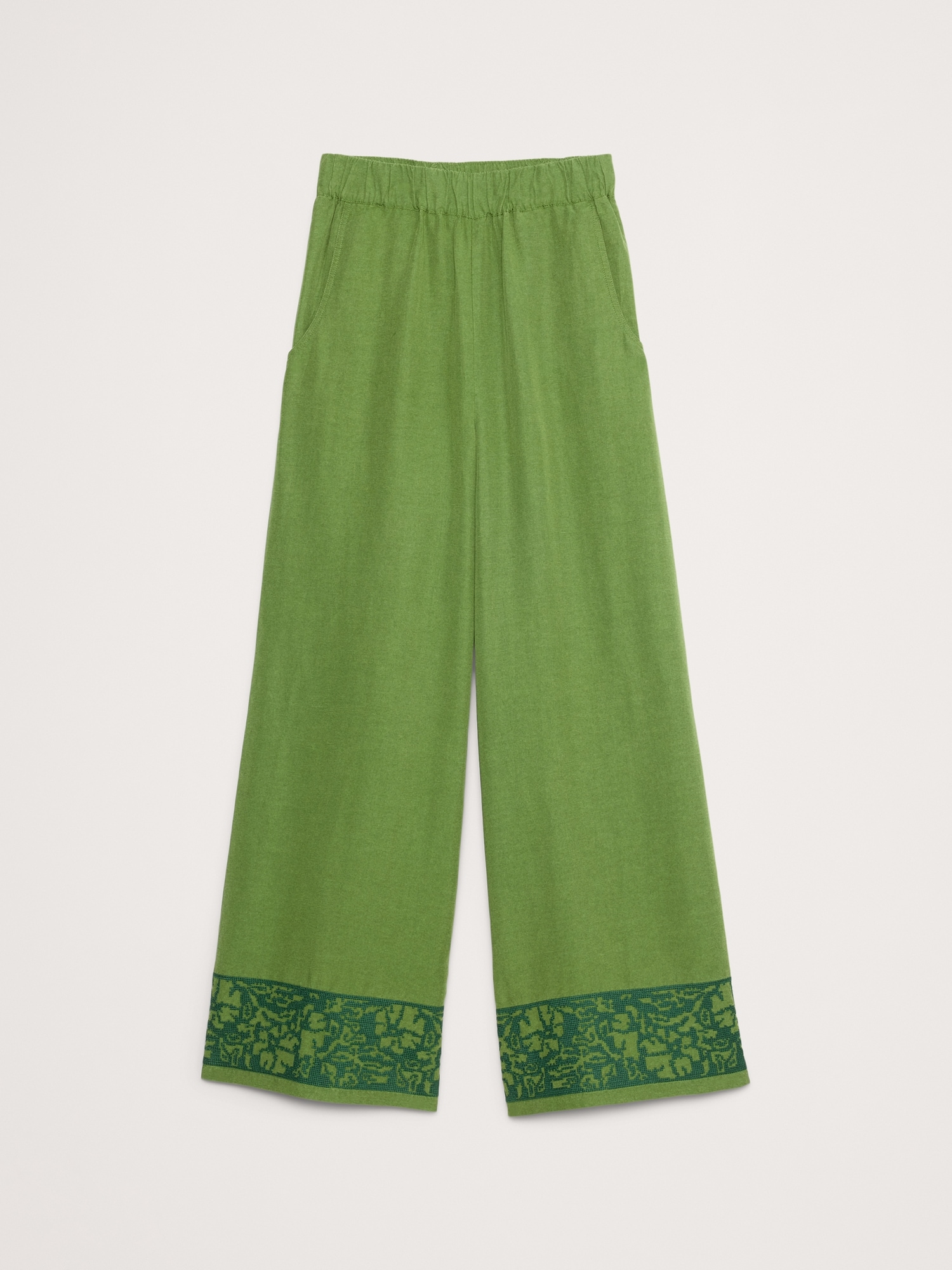 High-Rise Wide-Leg Embroidered Tencel™-Linen Pull-On Pant