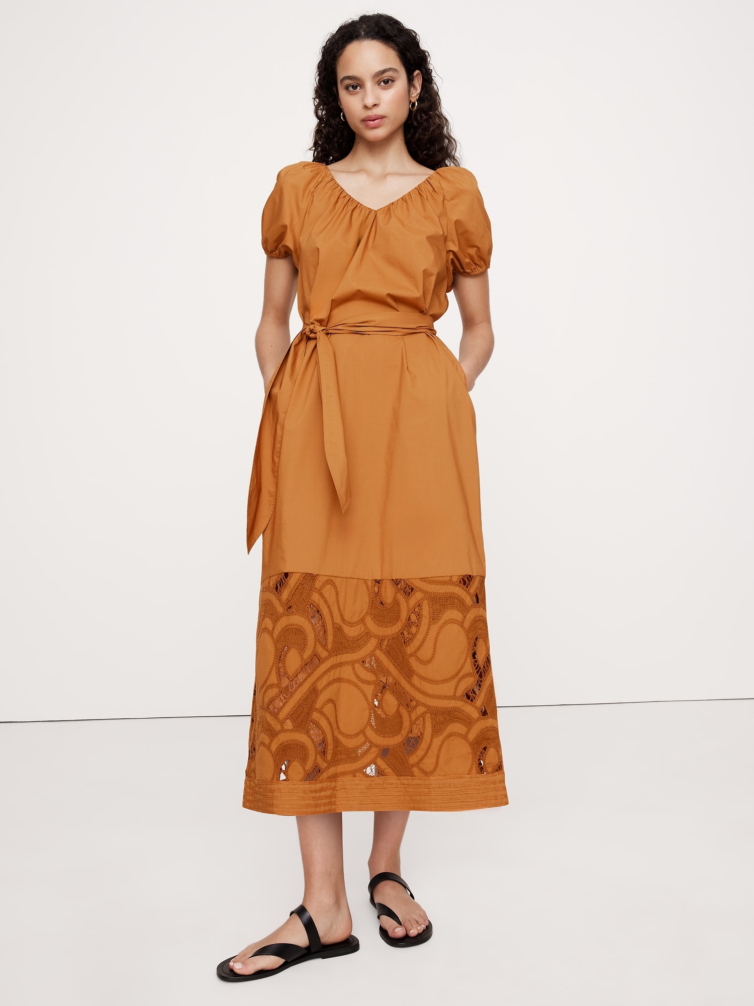 Embroidered Cotton Poplin Ruched Dress