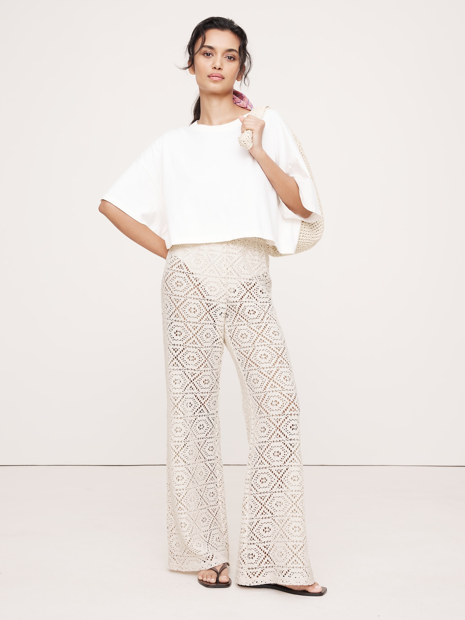Flared Italian Lace Beach Pant - Beige