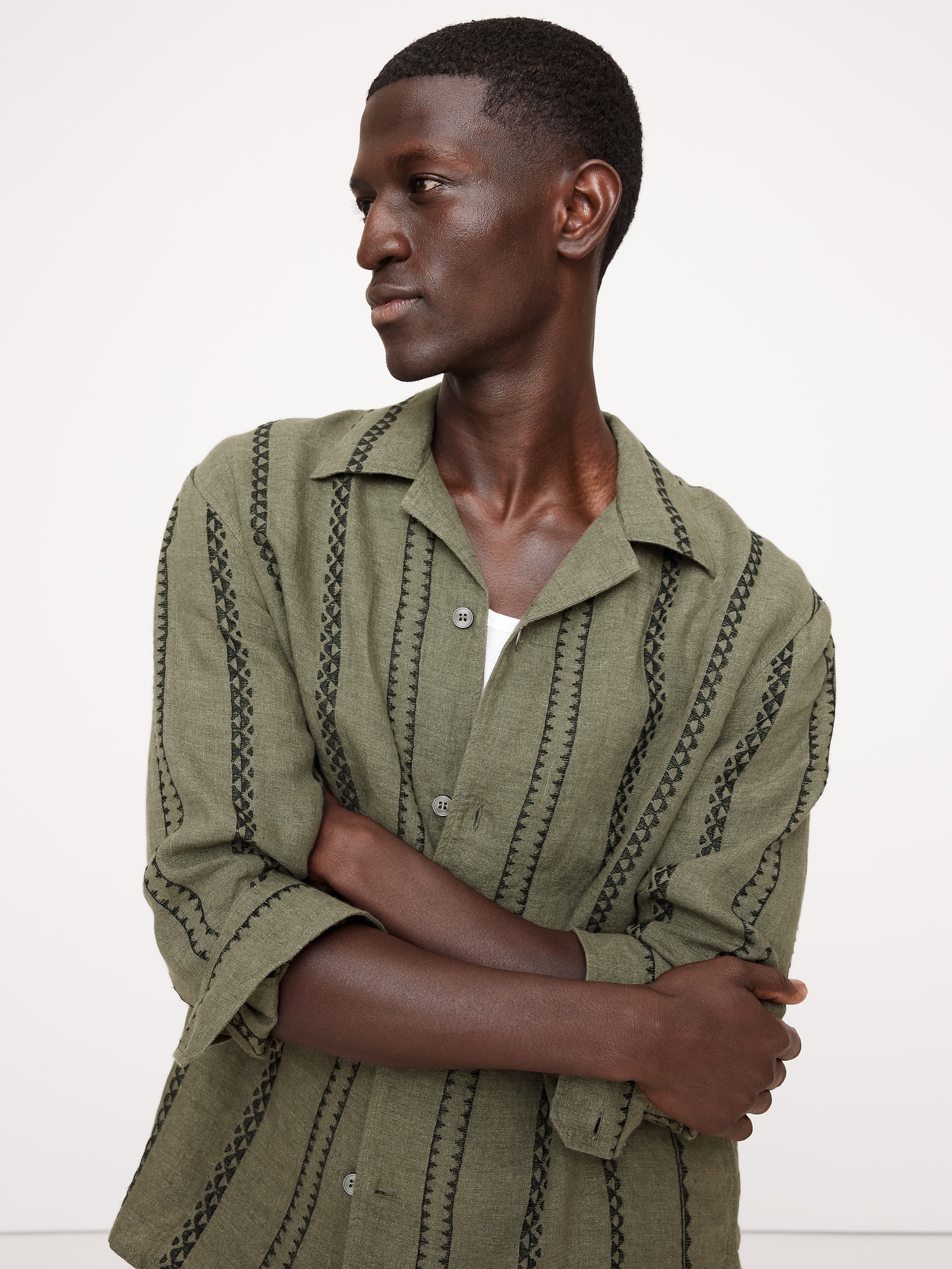 Standard-Fit Embroidered Linen Long-Sleeve Resort Shirt