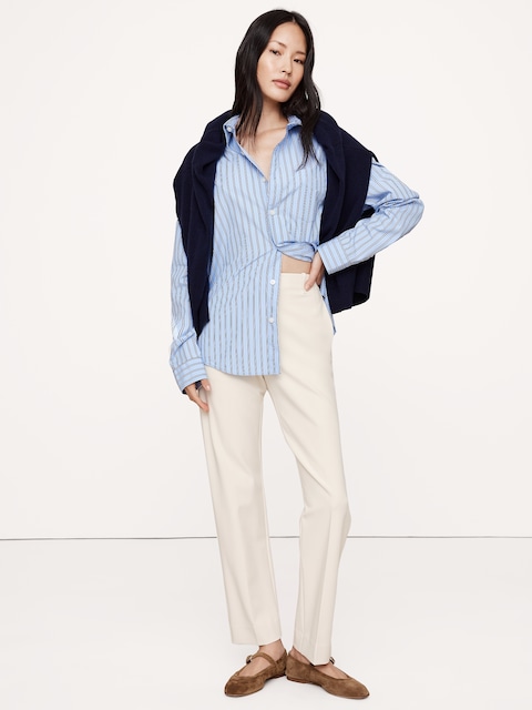 PANTALON MODERNE ÉTROIT À TAILLE HAUTE EN TISSU URBAIN EXTENSIBLE LONGUEUR CHEVILLE - Blanc