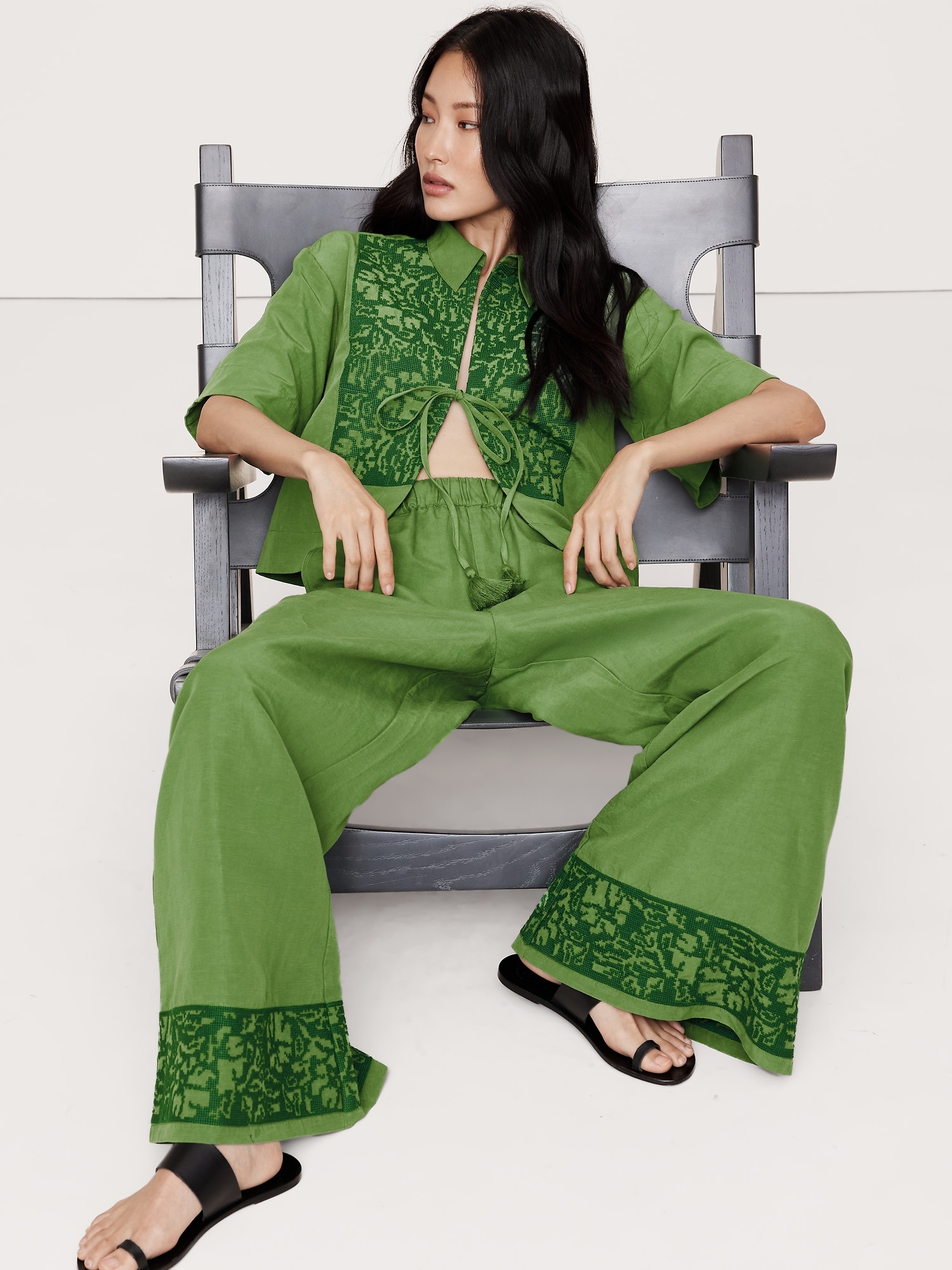 Embroidered Tencel™-Linen Tie-Front Top