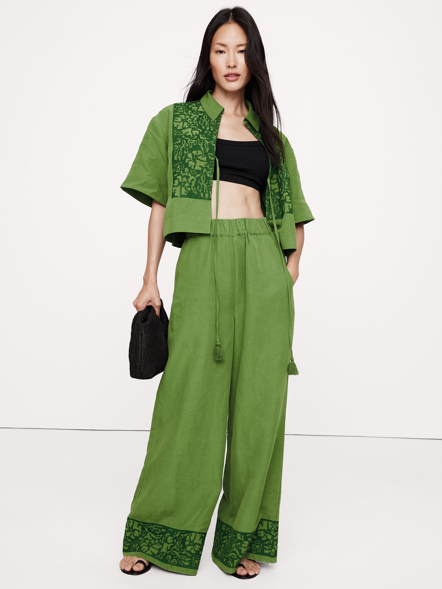 High-Rise Wide-Leg Embroidered Tencel™-Linen Pull-On Pant