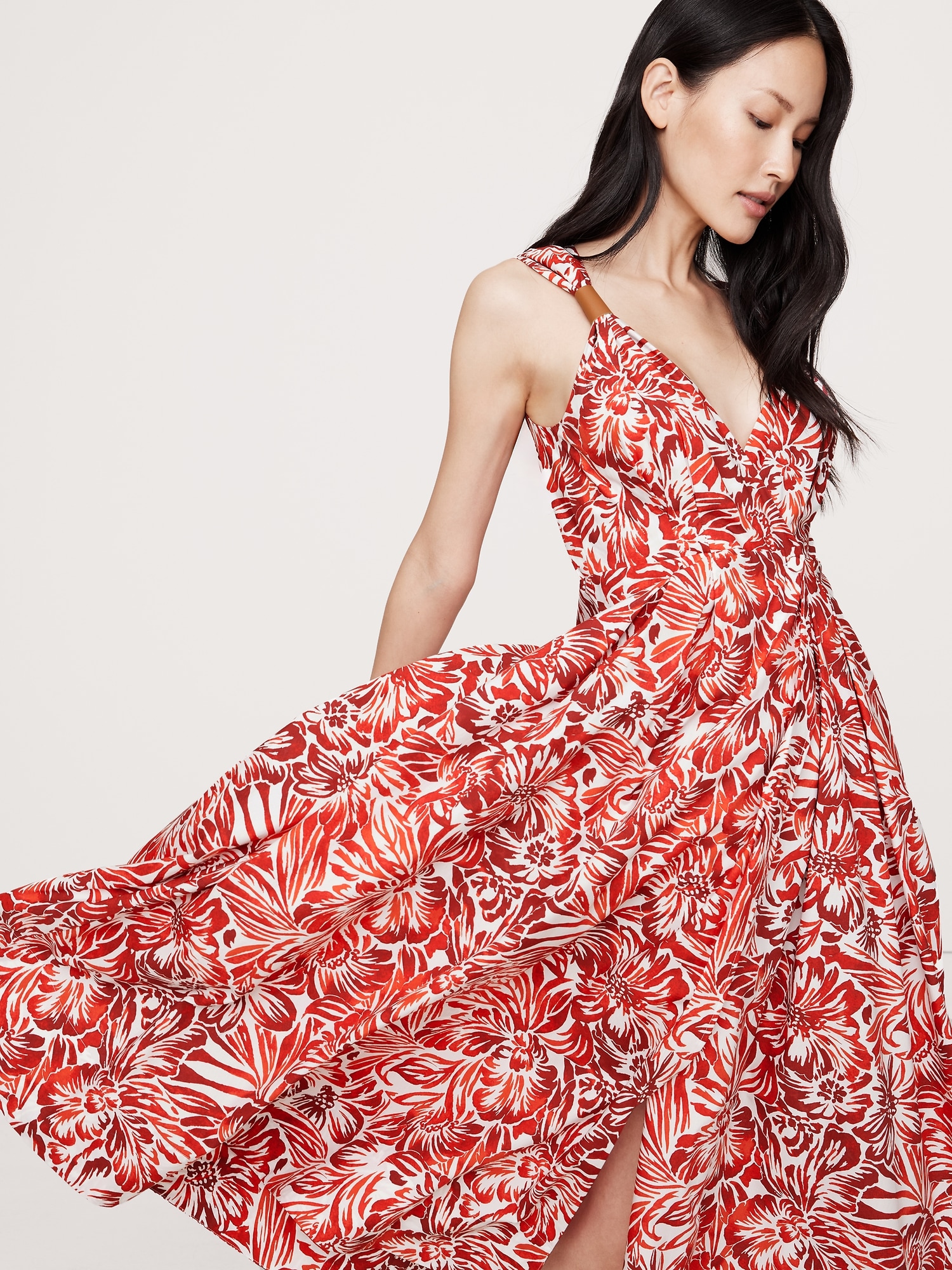 Cotton Poplin Wrap Maxi Dress - Red
