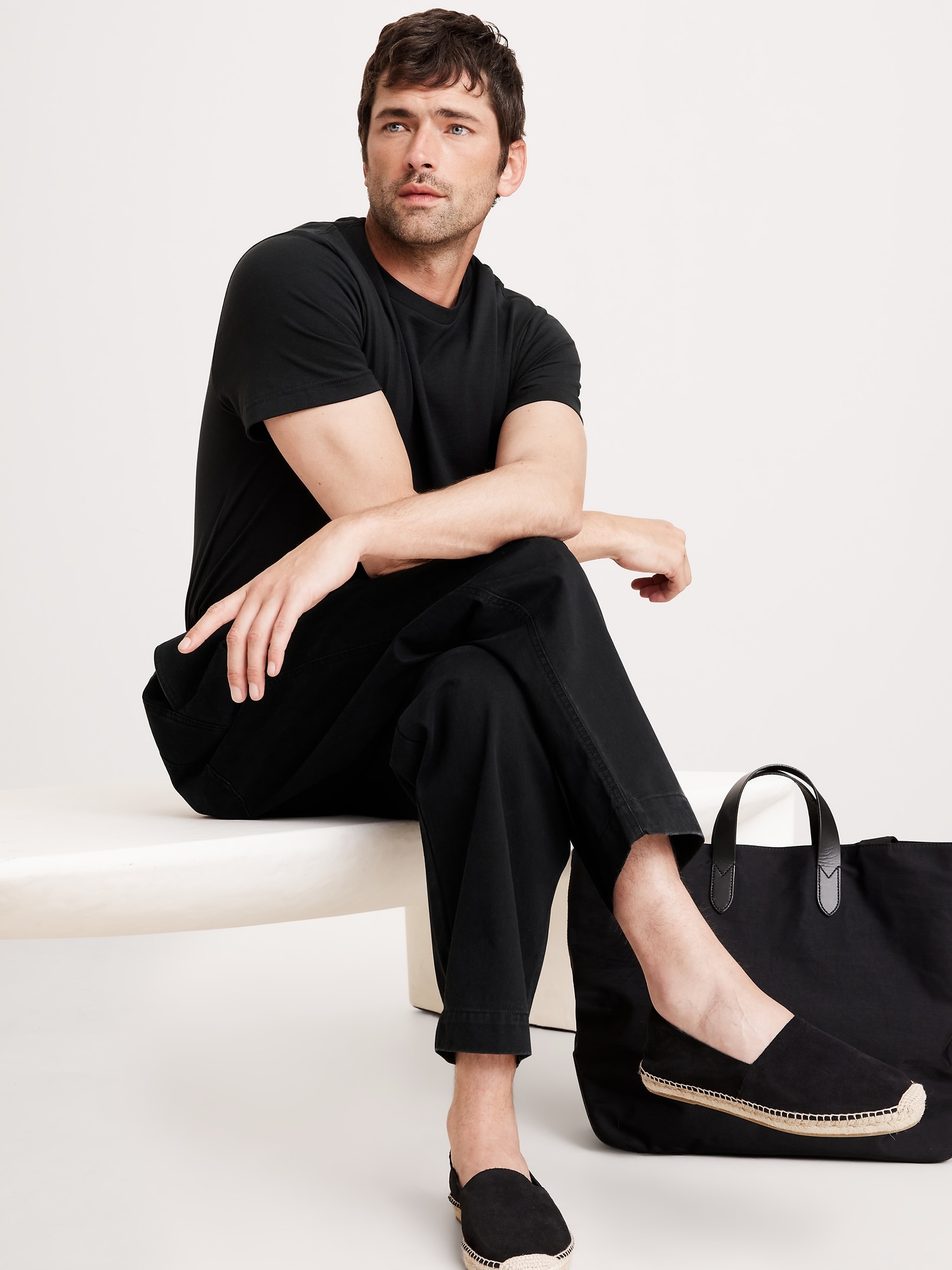 Pantalon ample à taille extensible en coton léger - Noir
