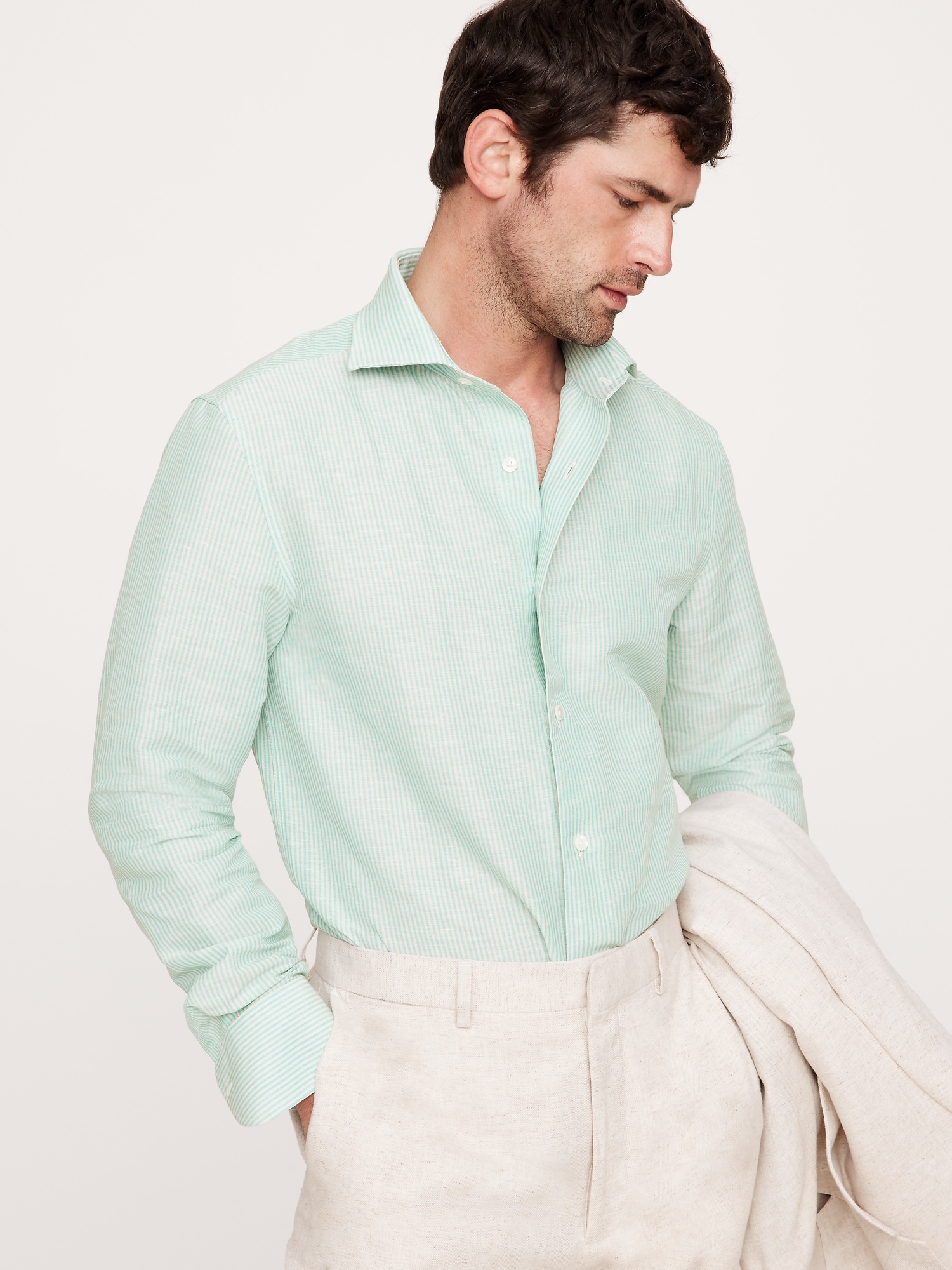 Slim-Fit Linen-Cotton Dress Shirt - Green