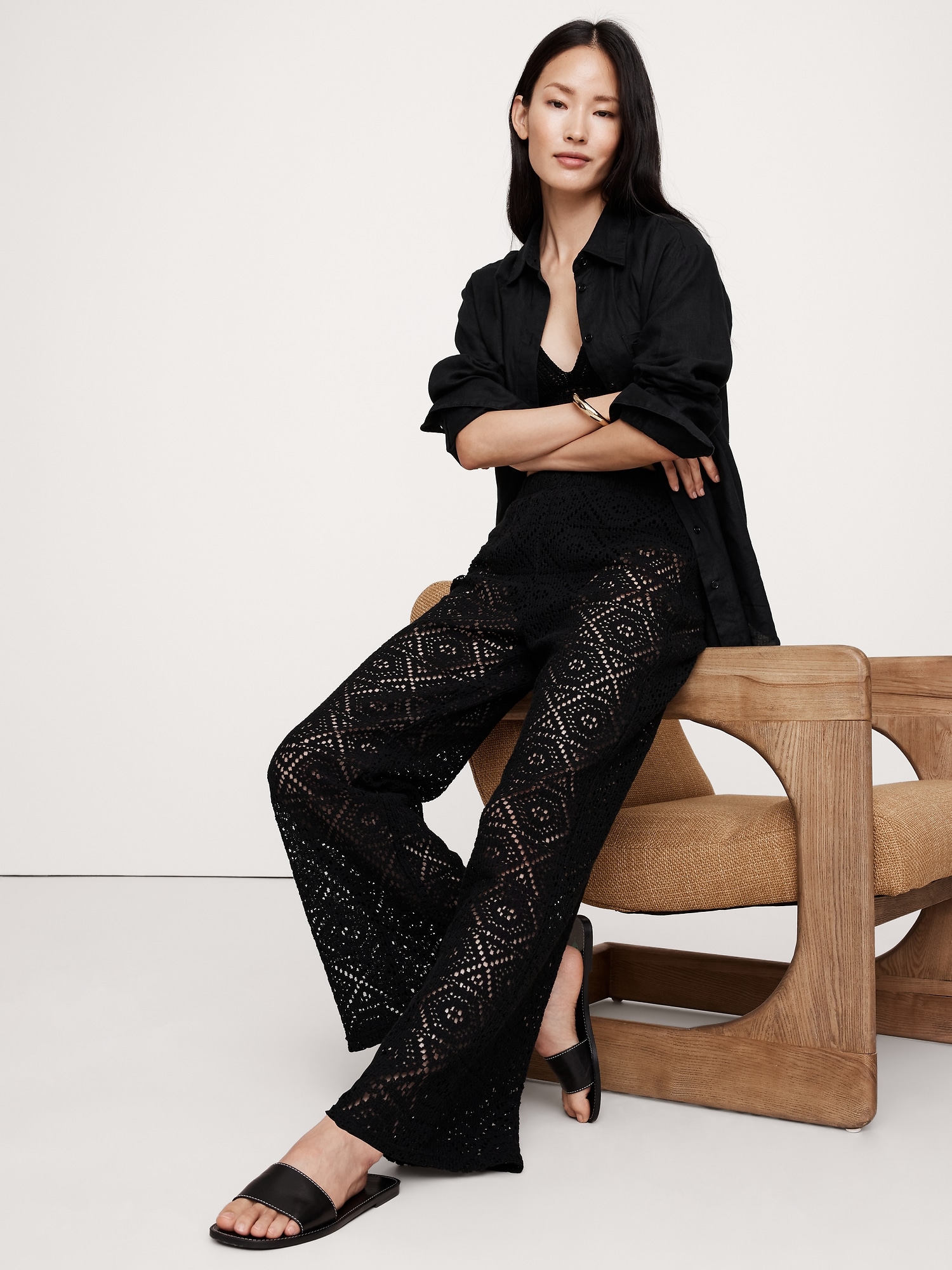 Flared Italian Lace Beach Pant - Black