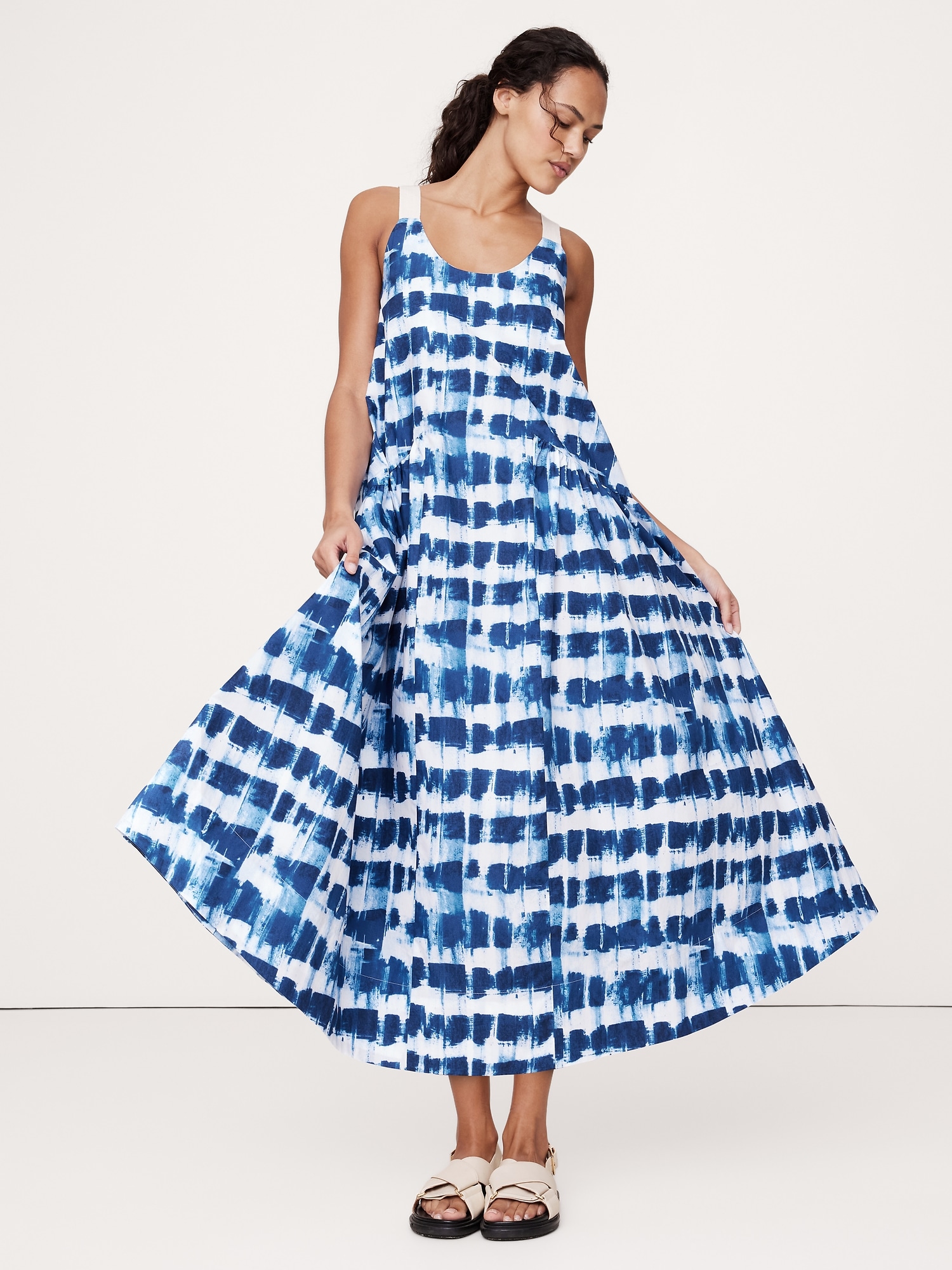 Cotton Poplin Swing Maxi Dress - Blue