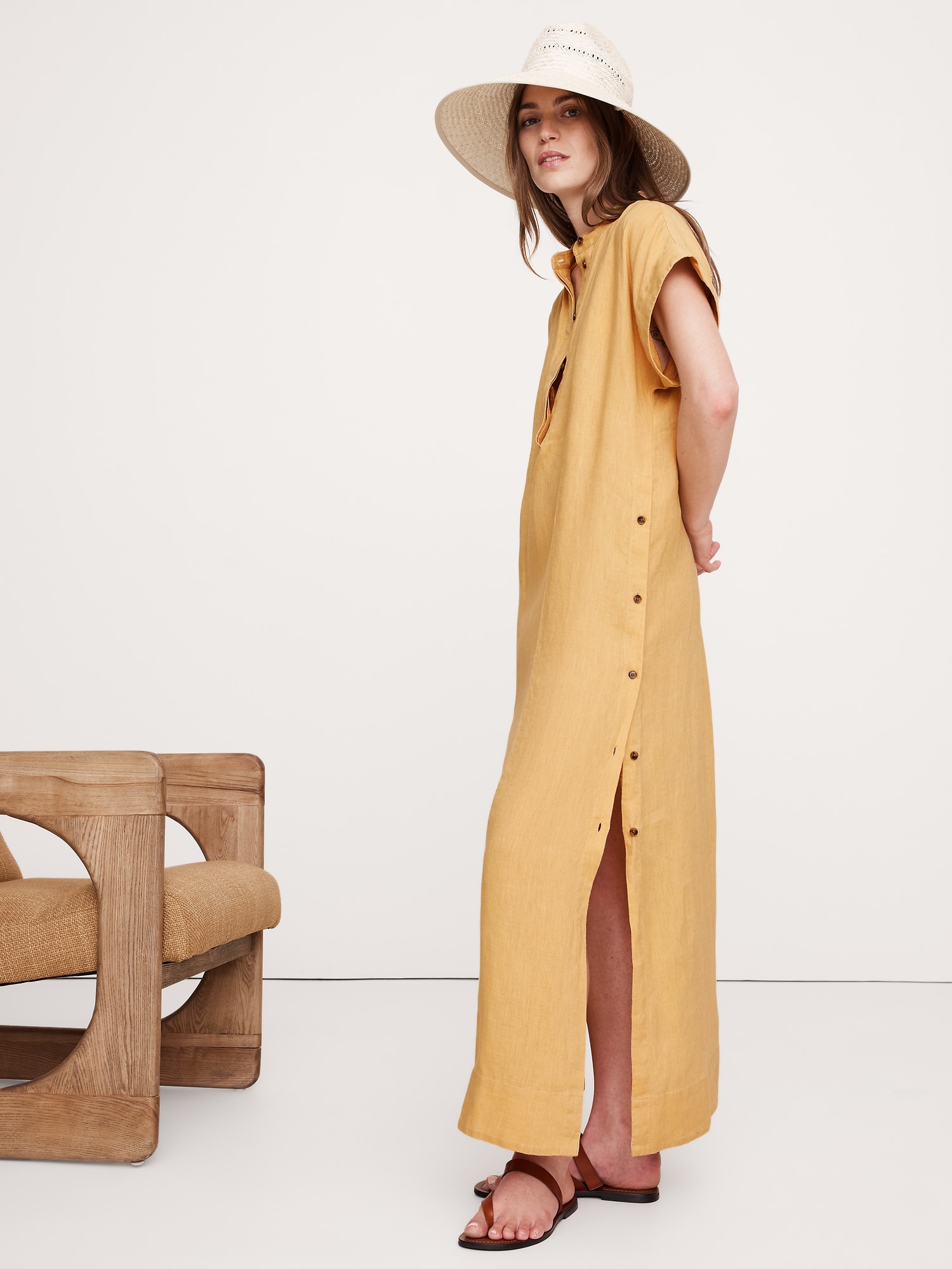 Linen Kaftan Maxi Dress - Yellow