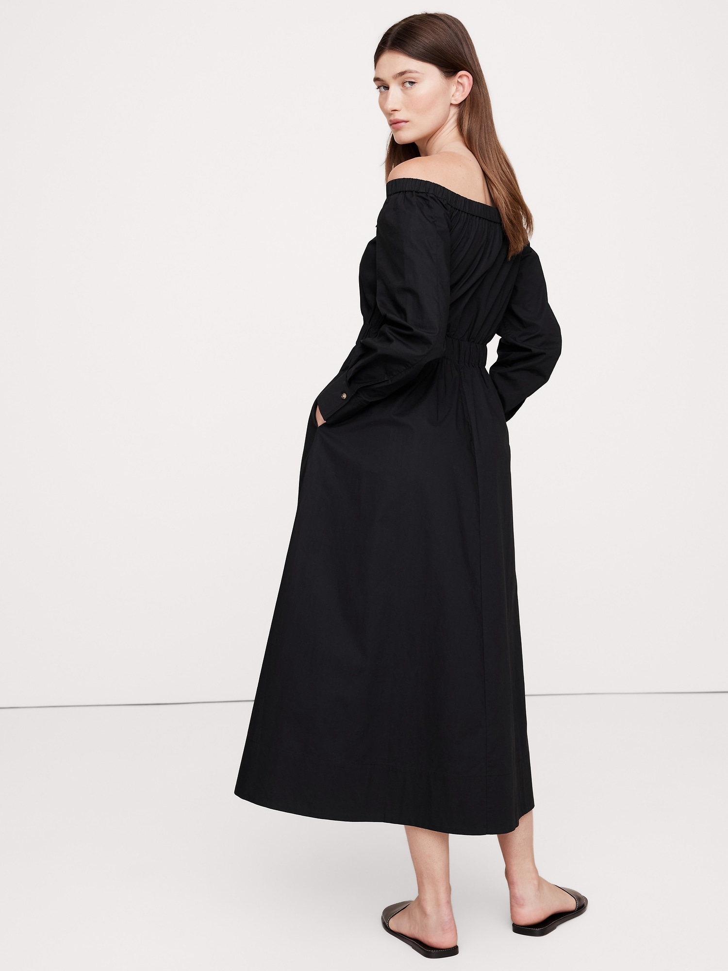 Cotton Poplin Off-the-Shoulder Long Midi Shirt Dress