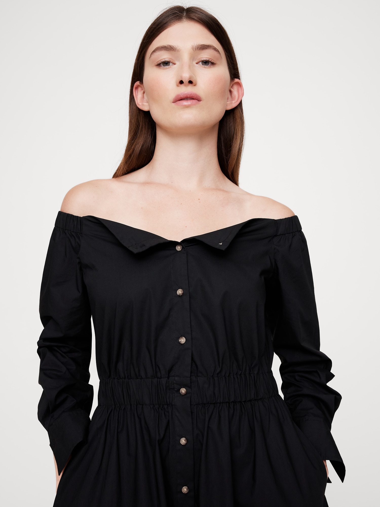 Cotton Poplin Off-the-Shoulder Long Midi Shirt Dress