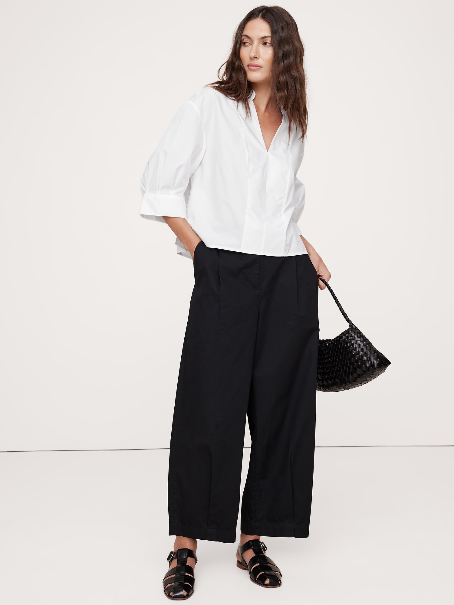 Balloon-Sleeve Cotton Poplin Popover Top