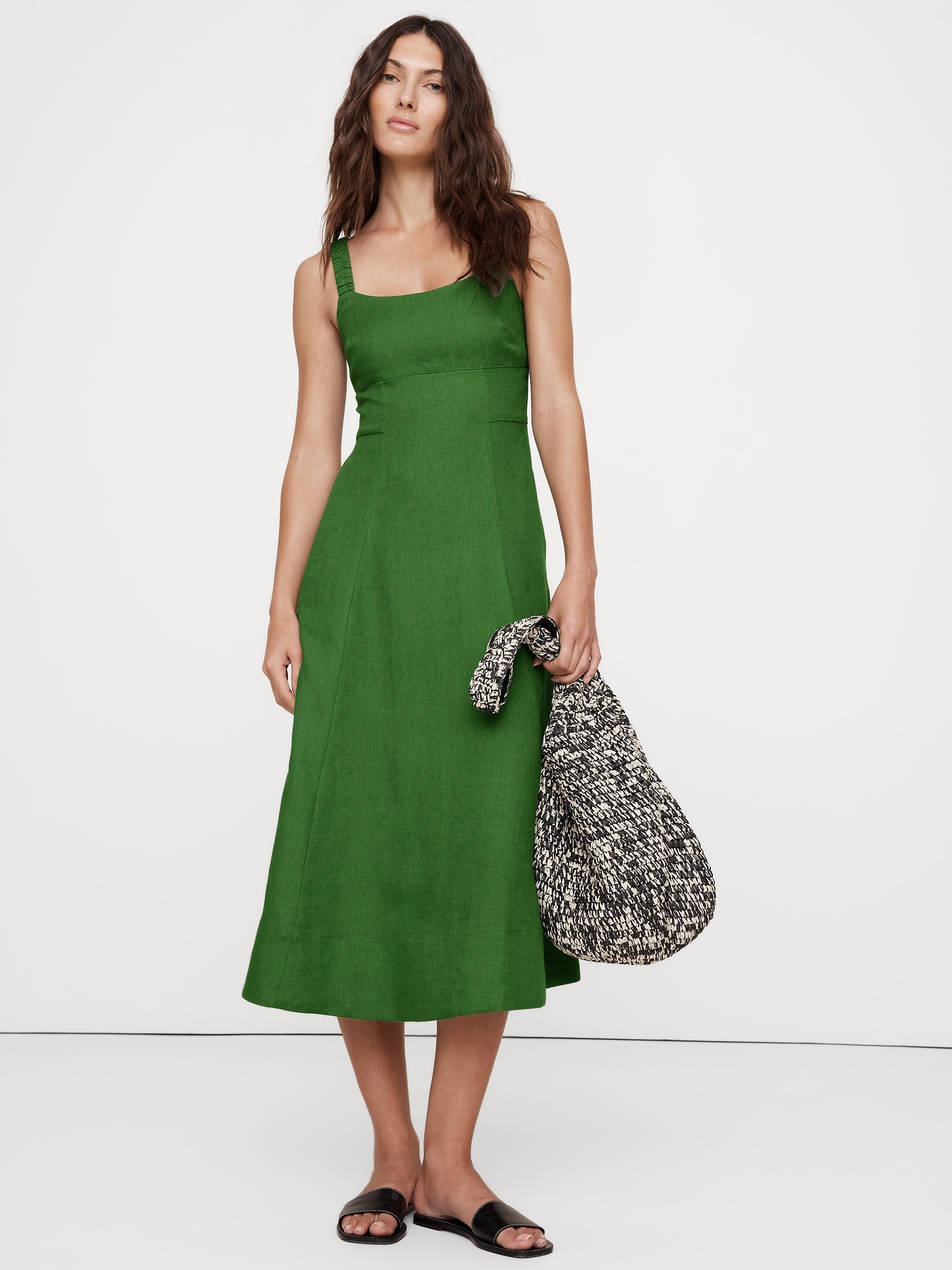 Linen Square-Neck Midi Dress