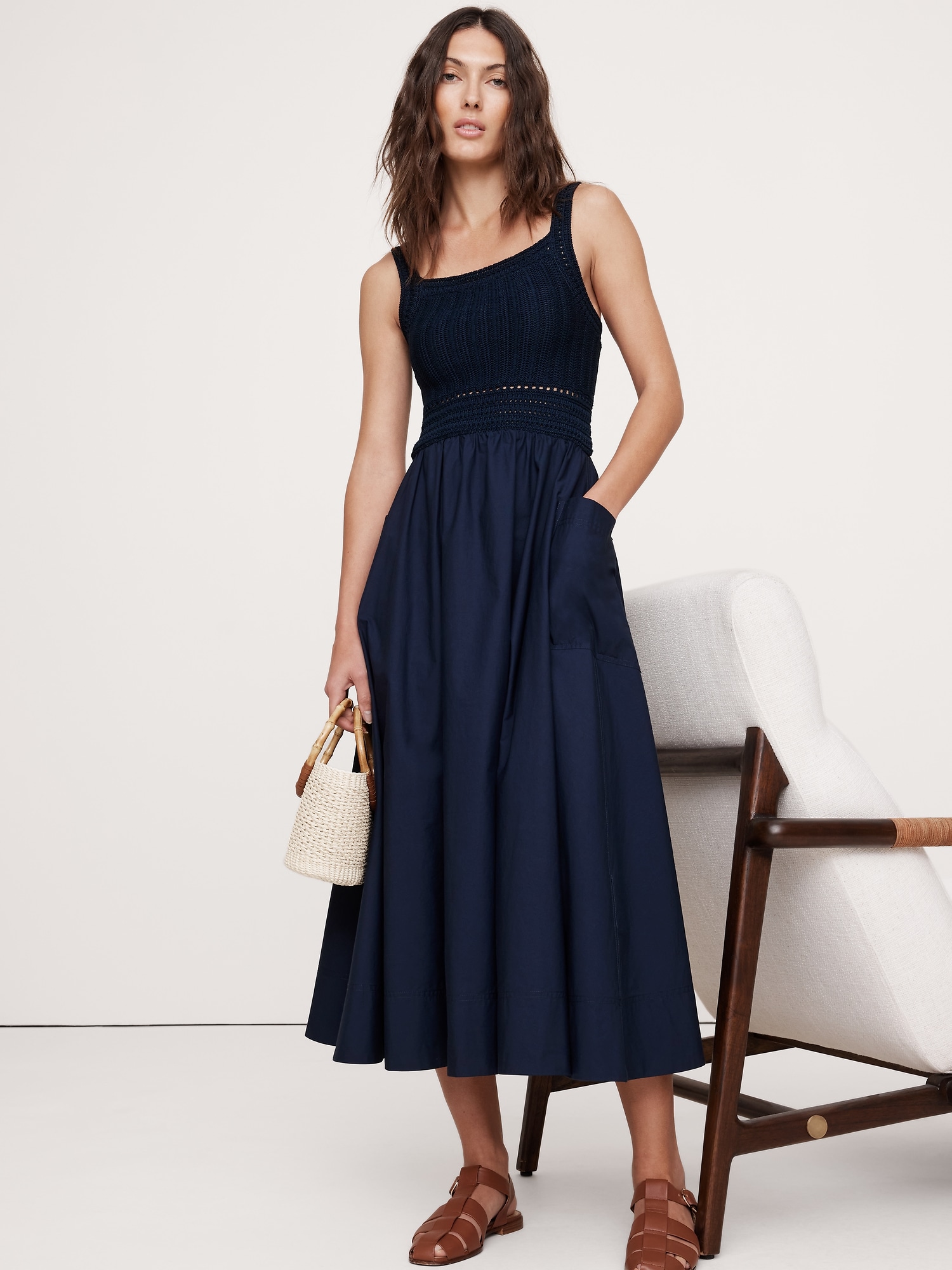 Crochet & Cotton Poplin Mixed-Media Midi Dress