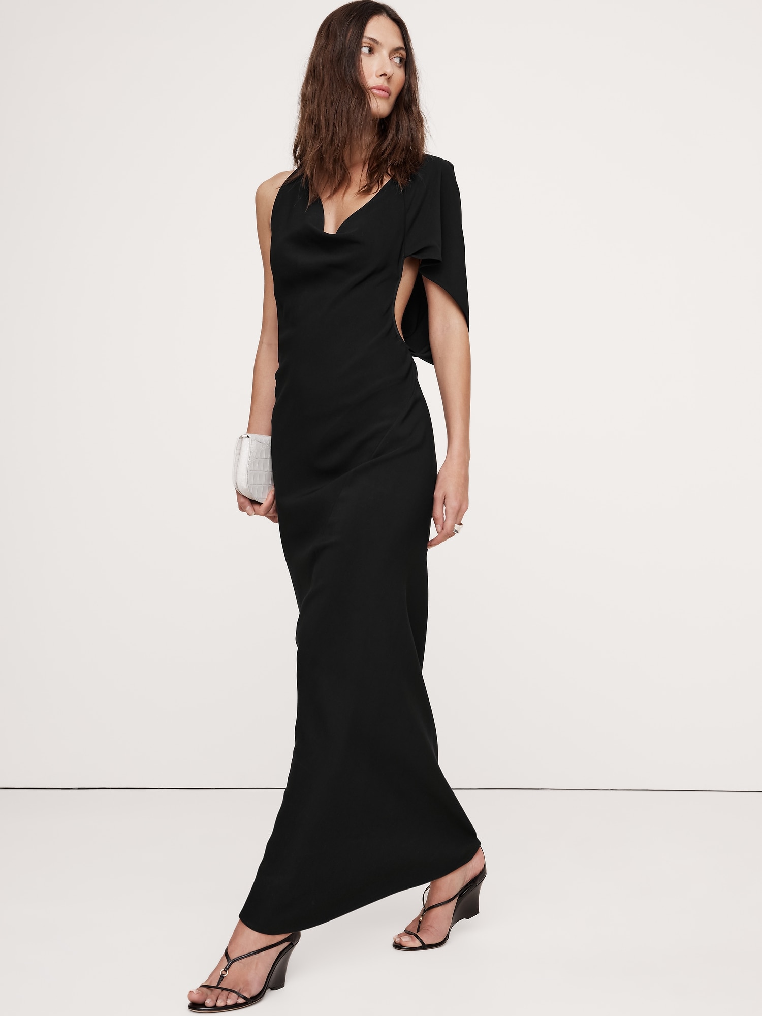Stretch-Crepe Asymmetrical Open-Back Maxi Dress