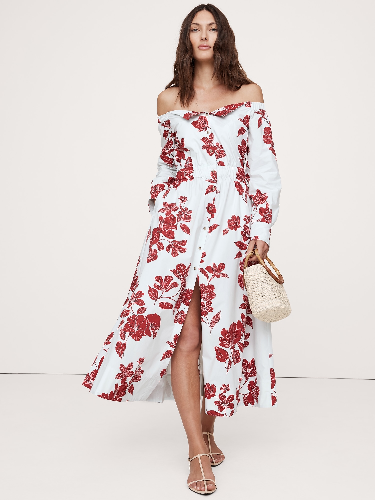 Cotton Poplin Off-the-Shoulder Long Midi Shirt Dress